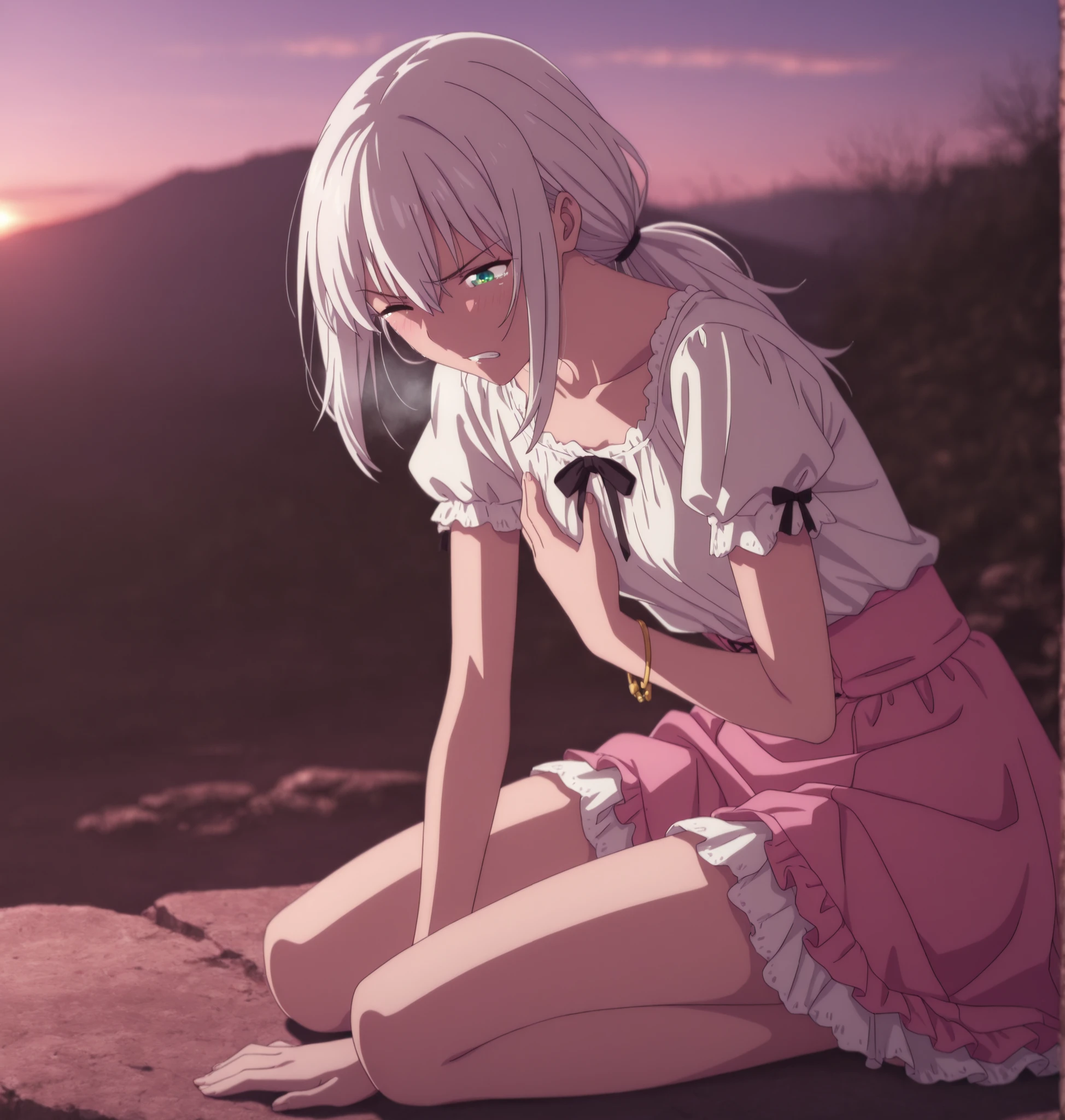masterpiece, best quality, amazing quality, highres, absurdres, very aesthetic, high resolution,  ,ultra detailed, perfect details, from above, from side, 1girl, solo, outdoors,(detailed background:1.2),(()),((dawn, ))pink light, minami kano, long hair, low ponytail, white hair, long bangs, , green blue eyes, (detailed beautiful eyes), bracelet, (lolita fashion),white shirt ,(small breasts), , (aged up:1.5),(seiza ,leaning forward), looking down, (anime coloring), , pose, , head tilt, slim body, slender body, slim arms, long legs, pale skin,(hand on breasts), wind lift, hand on ground, hip up, , angry, frown, heavy breath, wince , light embarrassed, tears, clenched teeth