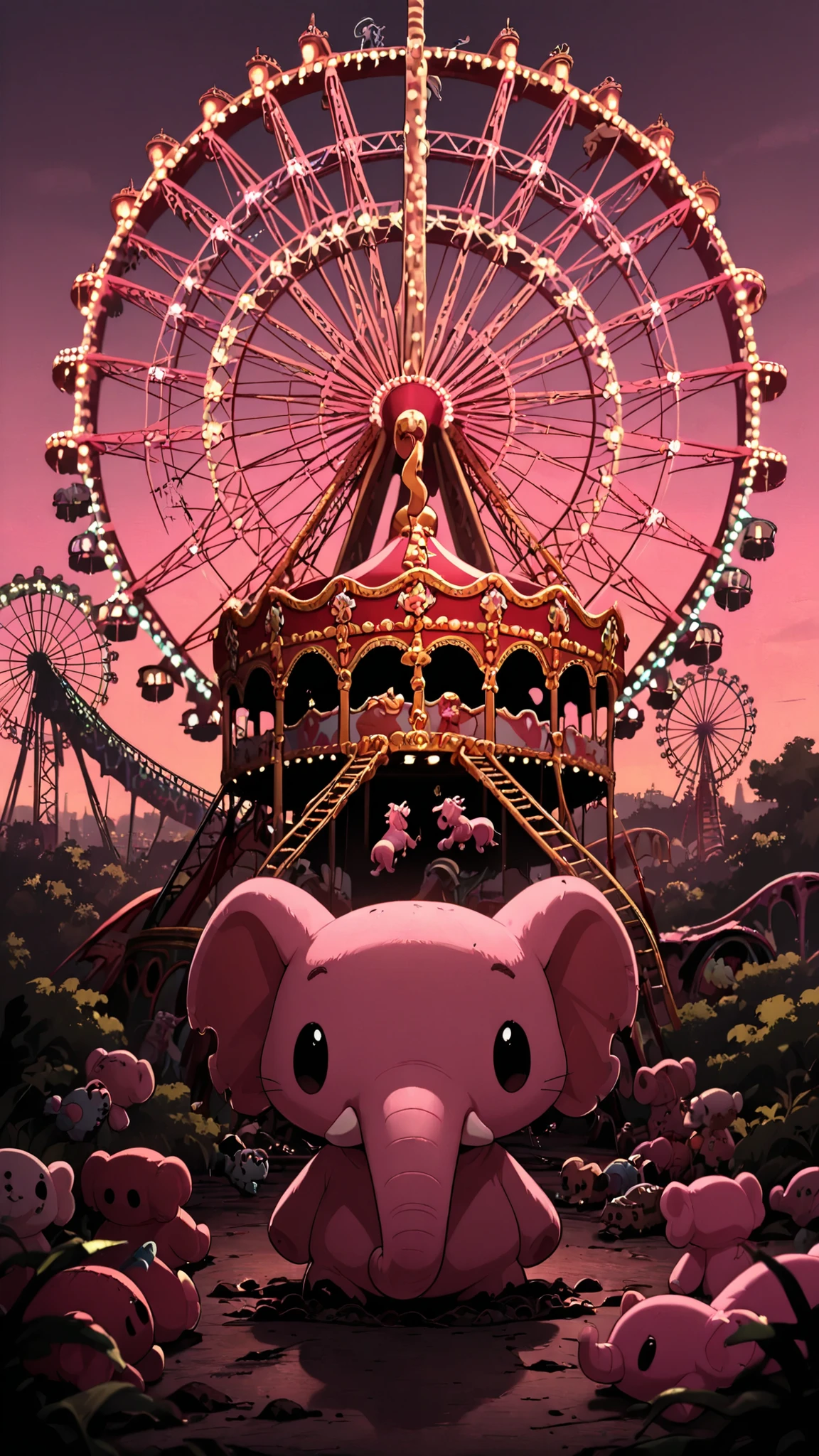 standard, flashy pink plush toy, on an abandoned ferris wheel, close-up, Portrait, ((multiple stuffed animals)), Abandoned Amusement Park, too much growth, Vegetation, Carousel, roller coaster, State of devastation and ruin, dusk, masterpiece:1.2, Highest Quality, 