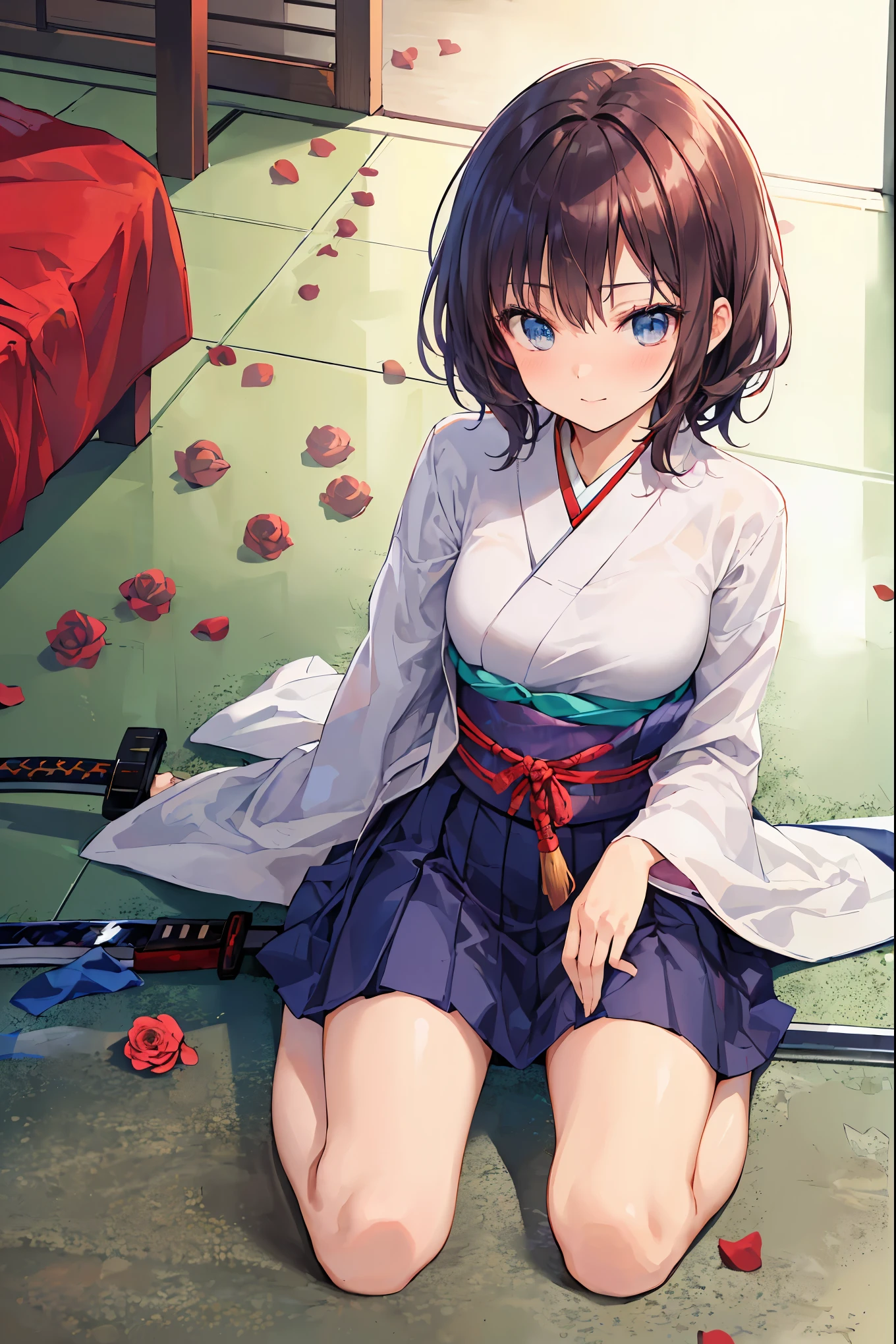 Highest Quality, face focus, soft lights, ultra high res, (photorealistic:1.4), Original Artwork,(((((Japanese sword 1.2))))),Rose Assassin,(((((Blue roses are spread all over the floor:1.4))))), meteor、空から降り注ぐmeteor、無数のmeteor群、brown hair,shortcut to lay purple eggs,unkempt hair,Short braided hair,Neat,slender beauty,correct posture,small breasted,Beautiful legs,Her enchanting gray-blue eyes shine like stars,Saggy Eyes,bright colors,beautiful eyes,A delicate smile,Textured Skin,best quality,gentle and beautiful woman,anime style、seen from above, solo, cute, (pupil),(individual eye light), Motorcycle Rocket Cowl Modification, (Tiny Chest),(human skin texture high resolution detail), (Boro-Yado's Long Hair), Sit Couch, School Uniform, charcoal vest, skirt, (Upper Thigh)