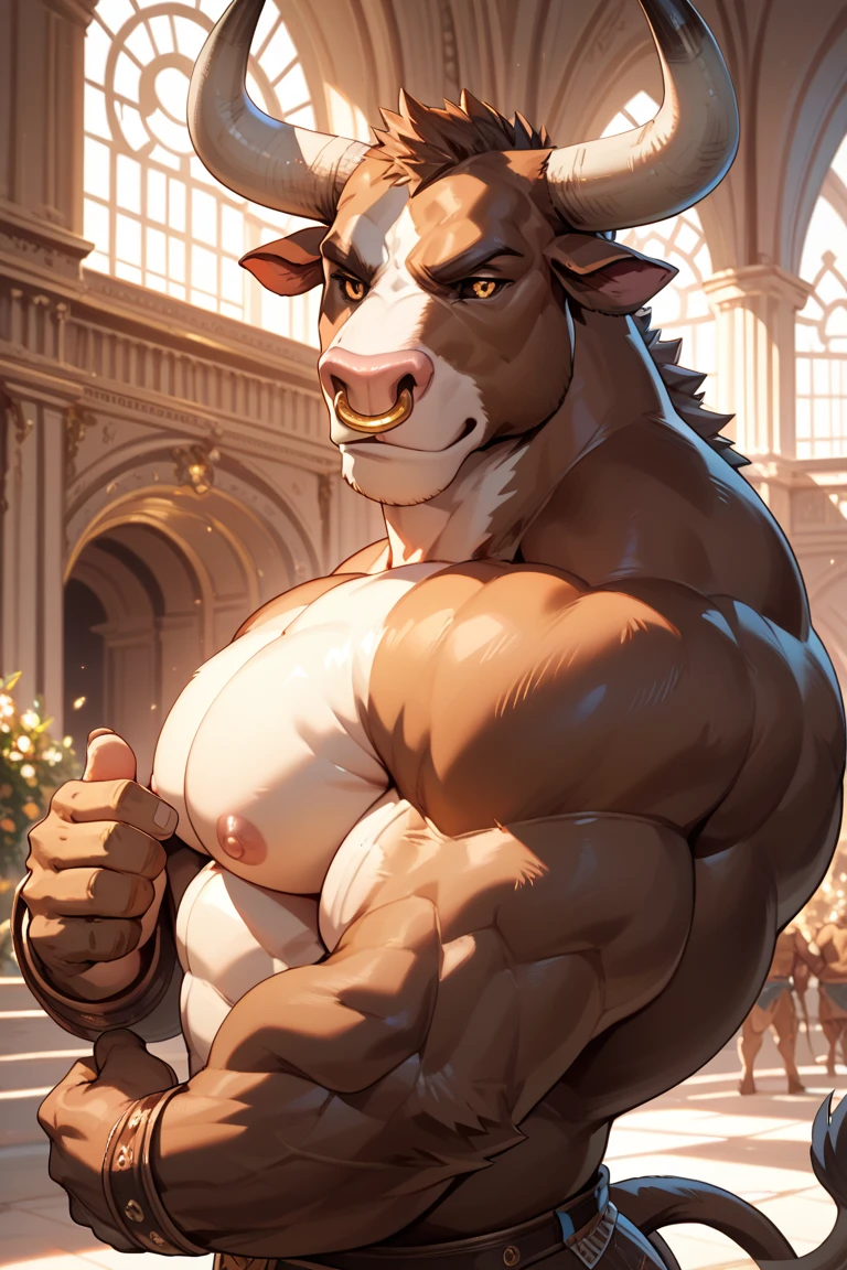 score_9, score_8_up, score_7_up, 2k, 4k, high res, 2d (artwork) cartoon style, Doggonut, no humans, 1boy, solo, furry, bovine, anthro, cow anthro, black and white body, bara, older, mature, male, thick thighs, blue eyes, wide hips, voluptuous, blushing, smiling, sexy, standing, speedo, cowbell choker, large bulge, muscular male, abs, large pectorals, big nipples, nipple piercings, farm background, outside, flexing, score_9, score_8_up, score_7_up, score_6_up, score_5_up, score_4_up, top pov