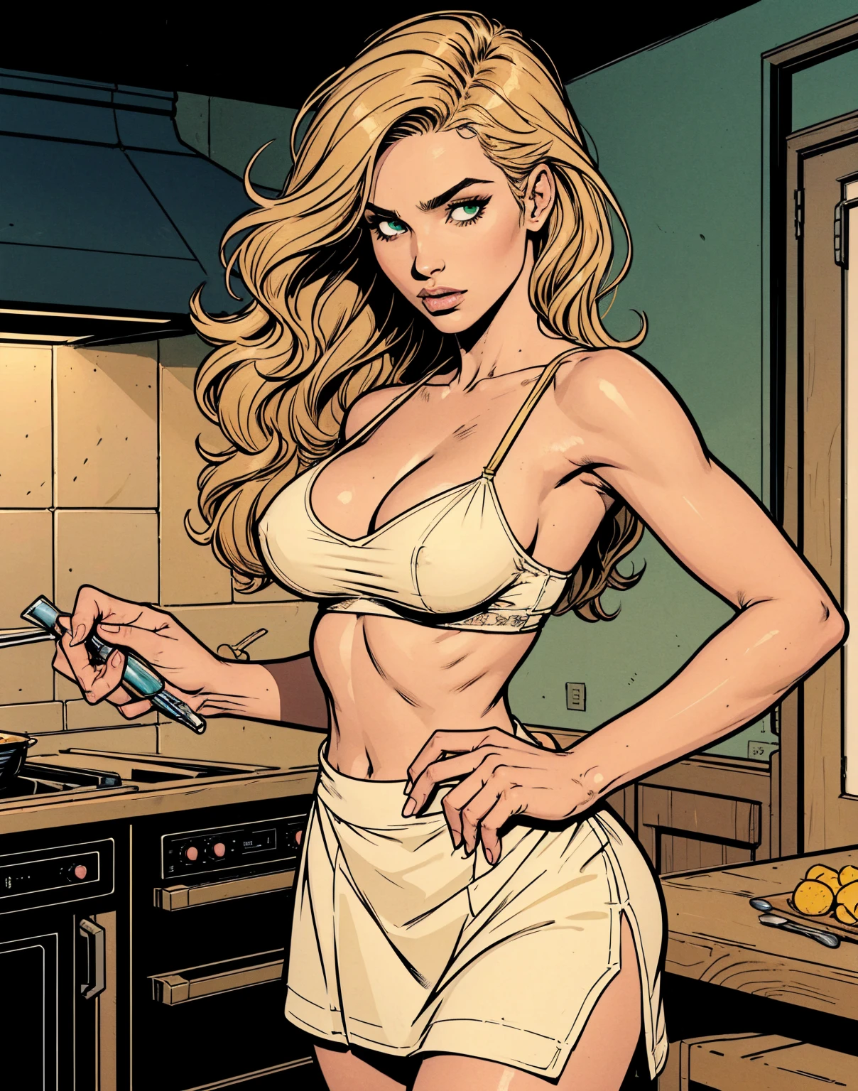 Very detailed, beautiful spanish woman, The  seductress Carmen Electra,  tight lace lingerie, cooking in a kitchen, Artistic style of J. Scott Campbell, shiny skin, Thin waist, Skinny body, busty, very , perky , perfect booty, perfect and detailed eyes, full lips, garter belt, sheer thigh high stockings, shy and blushing face,  desire, high quality, ultra high definition, SFW