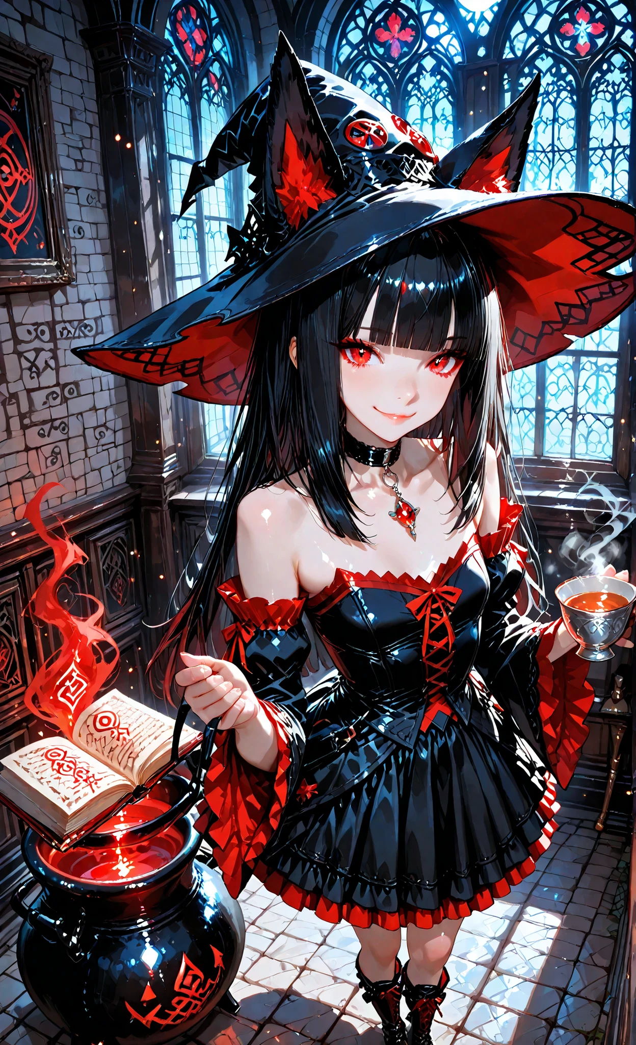(masterpiece:1.3, 8k:1.3, Highest Quality:1.3, detail:1.3, high resolution:1.3, digital painting, Super Detailed), anime witch, Insert above, watch viewers,  Fox_ear, red_eye, long_black_My hair, Brandt _Bang, (detailed eye:1.2), (sharp eye:1.1), soft smile, (smooth skin:1.1), (shiny skin:1.2), gothic lolita witch hat with layered red and black ruffles and small silver bells, black gothic lolita witch dress with red trim,  sleeve removed, Choker with a Ruby Pendant, thigh-high black boots, standing confidently by a decorated window, Holding a steaming glass of tea, Ancient library background with floating books, Magical runes shining on the wall, Cauldron simmering in the corner, moonlight streaming through stained glass windows depicting Fox deities, magical red particles floating in air