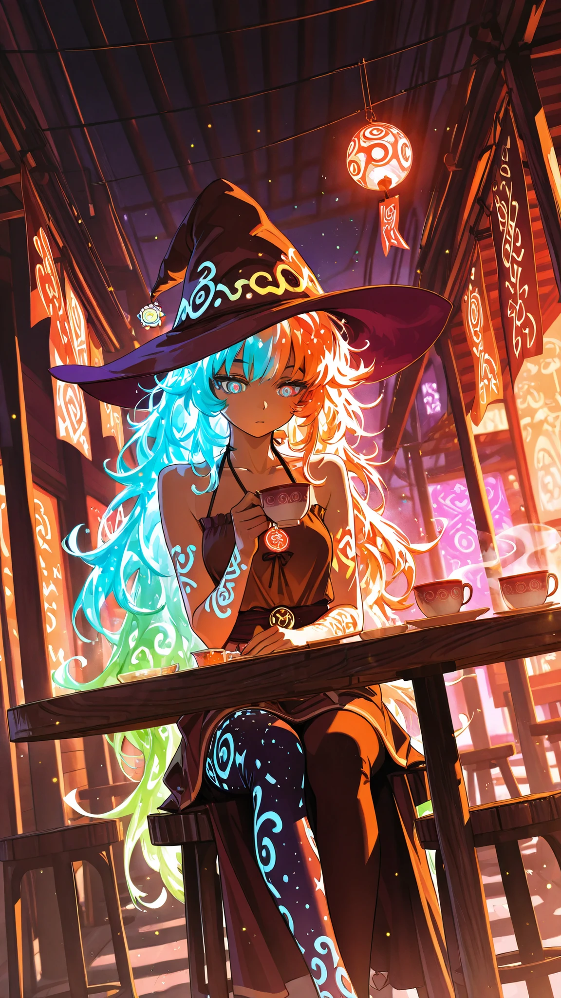 (Dutch angle))(masterpiece:1.2, Highest Quality),Inner Dress, ((Closeup of a Girl)), upper body, Portrait, ((magic runes, Glowing letter , Colorful runes)), ((magic runes on arms)), ((seer Orb, teacups, Holding a cup of tea, Steaming Tea)), ((Colorful Splash Effect, swirling  colorful particles)), Colourful Eyes, ((Street Corner, stall, Awning , sweets)), dusk, glowing eyes, ((Witch Hat, Tea Bag Accessory)), unkempt hair, ((Colorful Hair, Sharp Hair, Glowing Hair)), very long hair, ((sleeveless blouse, skirt, Mismatched leggings, HALTER NECK, teacupsペンダント)), ((Brown Witch Robe with Glowing Trim)), ((Outfit with colorful accents)), ((skirt with colorful trimmings)), band, seated, stool, wooden table, Space Cloth on the Table, magic, look down, Lifting Wand, ((Particles of Light,  colorful particles)), Dynamic Illustration, dramatic lighting, 