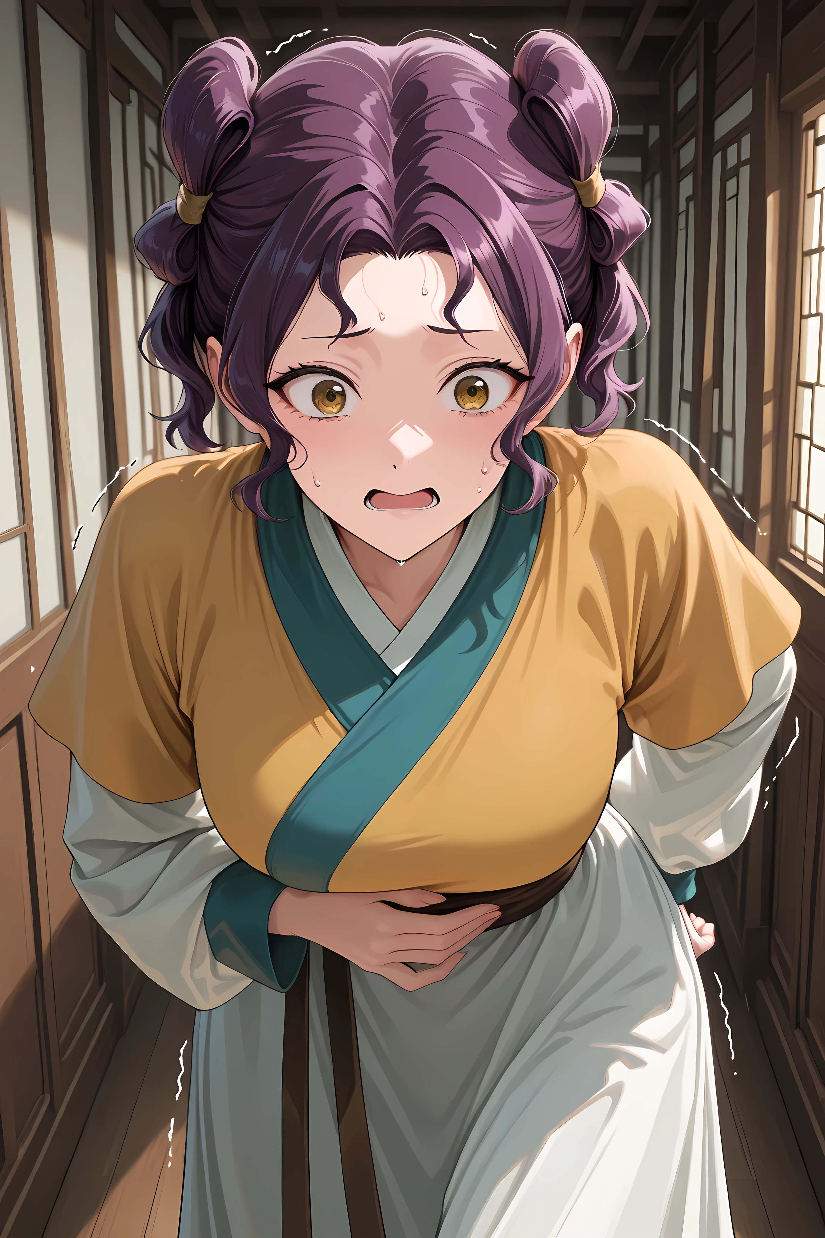 Kusuriya_Shisui, yellow eyes, short hair, purple hair, double bun, twintails, wavy hair, breasts,chinese clothes, hanfu, short over long sleeves, layered sleeves, sash, yellow shirt, white skirt, ,Solo,  general, masterpiece, highres, ultra-detailed, hyper-detailed, best quality,  amazing quality, very aesthetic, best hands, best eyes, best hand
adult woman, 1woman, hand on own stomach, sweat,  leaning forward, nervous, scared, trembling legs, large wooden hallway,
