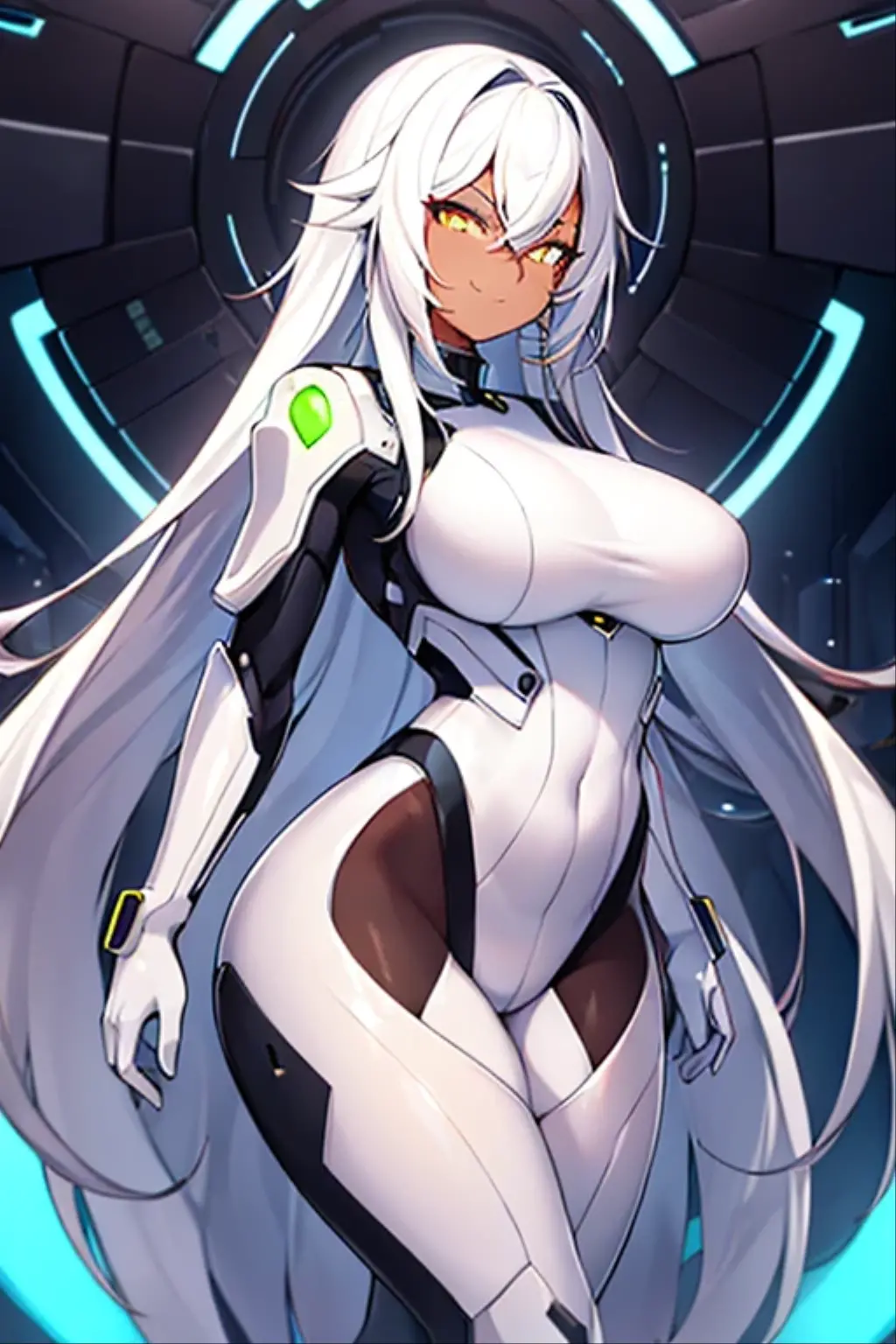 1girl, , , wide , thick thighs, wide , light skin, , white , white hair, long hair, blue eyes, futuristic, science-fiction, tech, neon trim, neon, smile, ((anime screencap)), anime screencap, text, japanese text