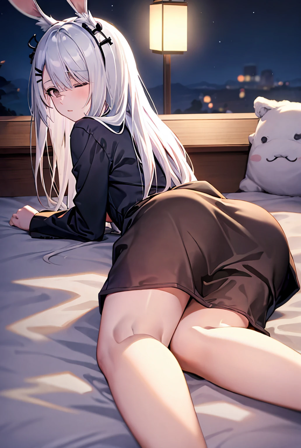 Confused, High resolution, Very detailed), 1 female, Silver Hair, Long Hair, Reddish brown eyes, , , , Beautiful , Thin legs, , , secretary, Low Ponytail, 24th generation, Beautiful woman, mature, quiet, Calm, bedroom, (), Night View,
