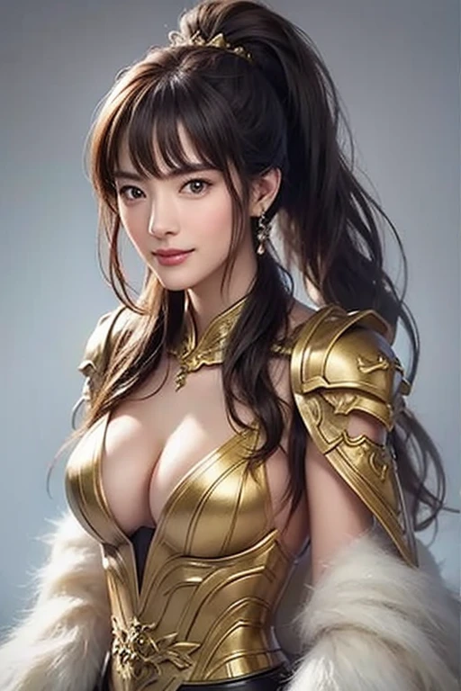 Highest quality, shape, Very detailed, In detail, High resolution, 8k wallpaper, Perfect dynamic composition, Beautiful attention to detail, Natural Lip , ((???????????)), Cleavage、Warrior Costume、smile、???? pose