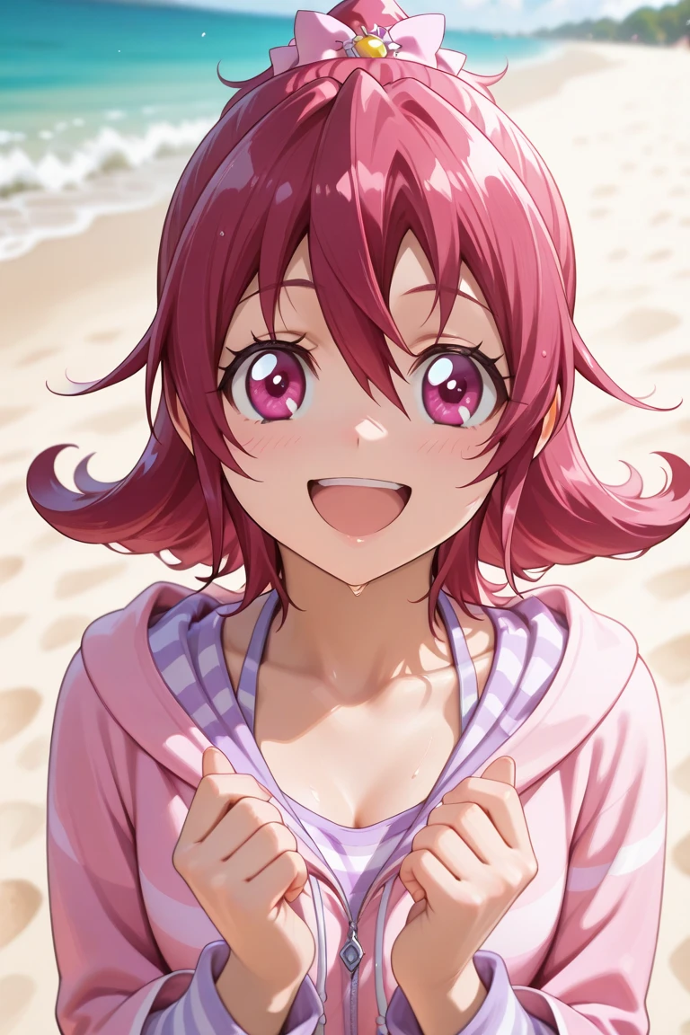 benisumomo, anime coloring ,BREAK source_anime, anime, long hair, hair ornament, red eyes, navel, pink hair, japanese clothes, choker, hairclip, flat , black choker, sarashi, sarashi, black skirt, high quality, solo, night sky, beach, arms behind head, contrapposto, closed mouth, spread armpits, (cowboy shot:1.5), looking at viewer, smile, best quality, puffing , , head down,