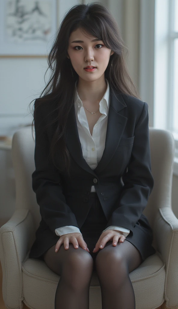 Beautiful woman with black hair pony tail. Pale skin. Elegant suit. Sitting down on a armchair. Office. legs crossed. 
