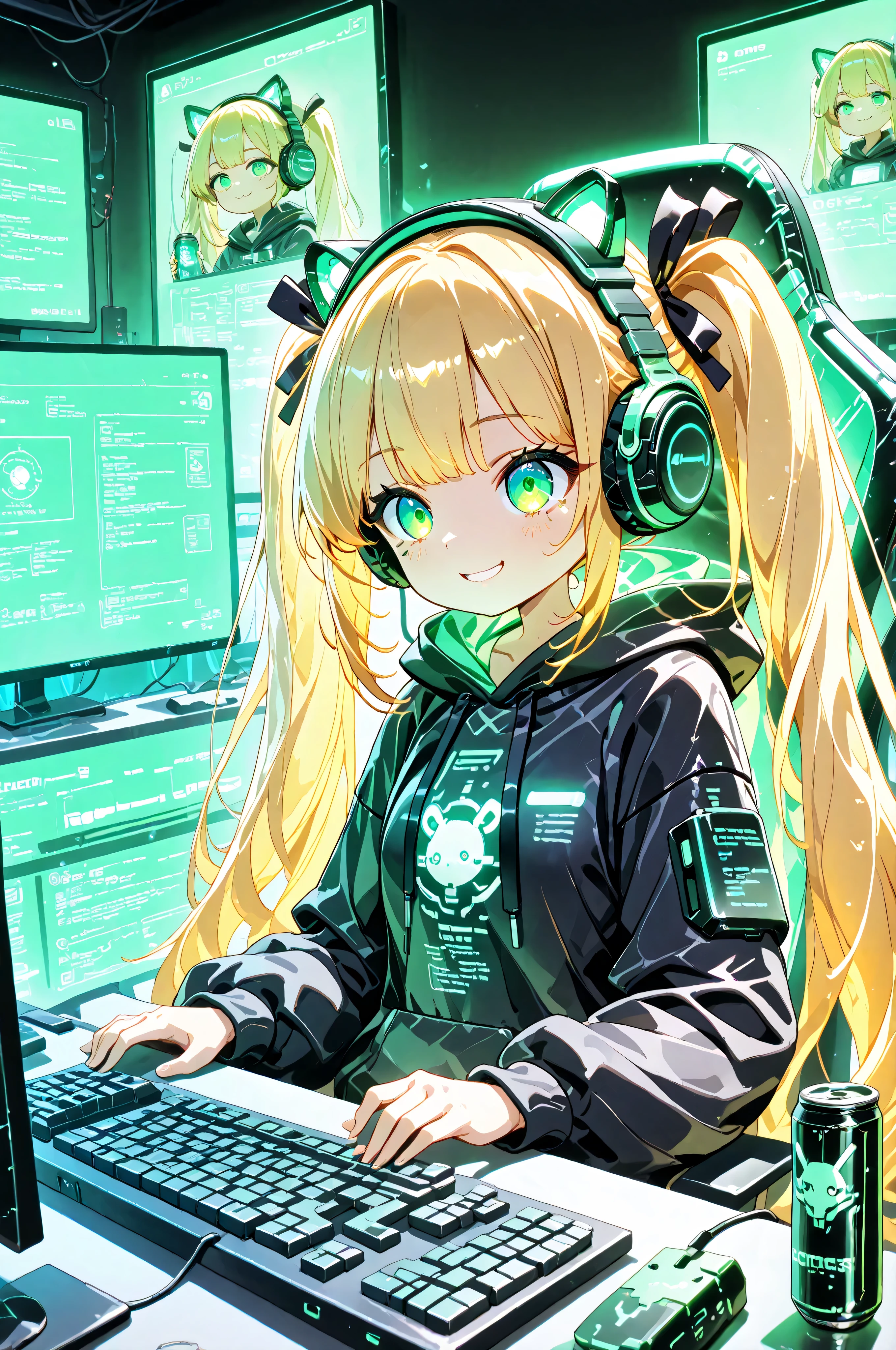 High Quality, masterpiece, ultra high res, Genius Hacker Girl, blonde twin tail, black ribbon, green eyes, monitor screen reflecting in the eye, and smelly smile, stares at the screen, typing on the keyboard with high concentration, dimly lit room, green lighting, 3 monitor arrangement, wide monitor, Monitor arm, floating sub monitor, Black desk , gaming keyboard, Glowing Mouse, 3 energy drinks, Black hoodie, wearing headphones, sitting posture with a beard, gaming chair, Codes, Hacking Screen, Digital Effects, cyberpunk style, Technical details, focused expression
