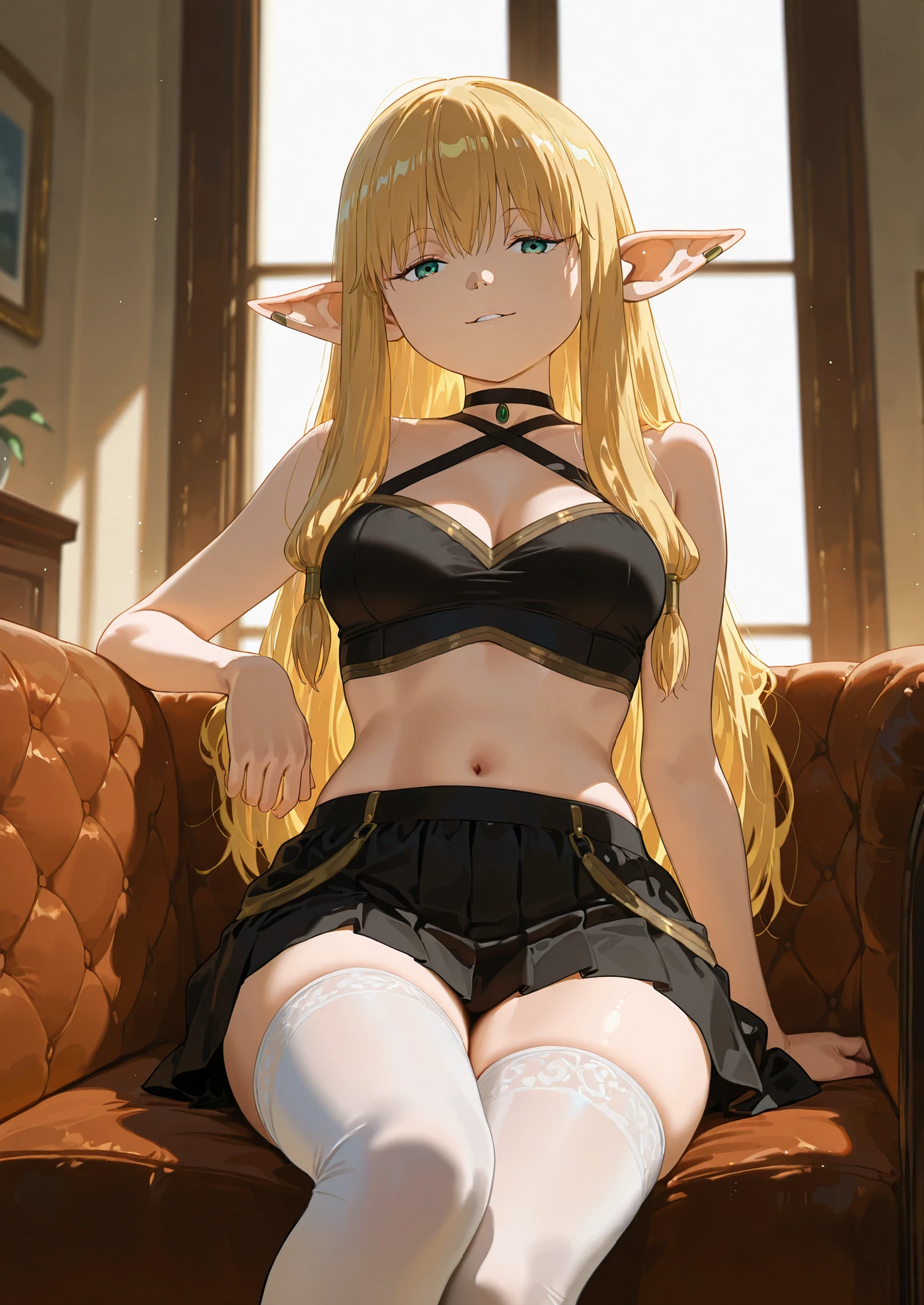 1girl, solo, serie, sousou no frieren, blonde, black crop top, plated skirt, white thigh highs, naturally sagging medium breasts, sitting in a lounge, highrise luxurious apartment, seductive, sexy erotic pose, alluring atmosphere, beautiful lighting and shadows,BREAK, masterpiece,top quality,warm color,high resolution,high fashion,absurdres extremely,vivid colors,intricate details,best quality,amazing quality,very aesthetic,newest,ultra-detailed,nsfw,