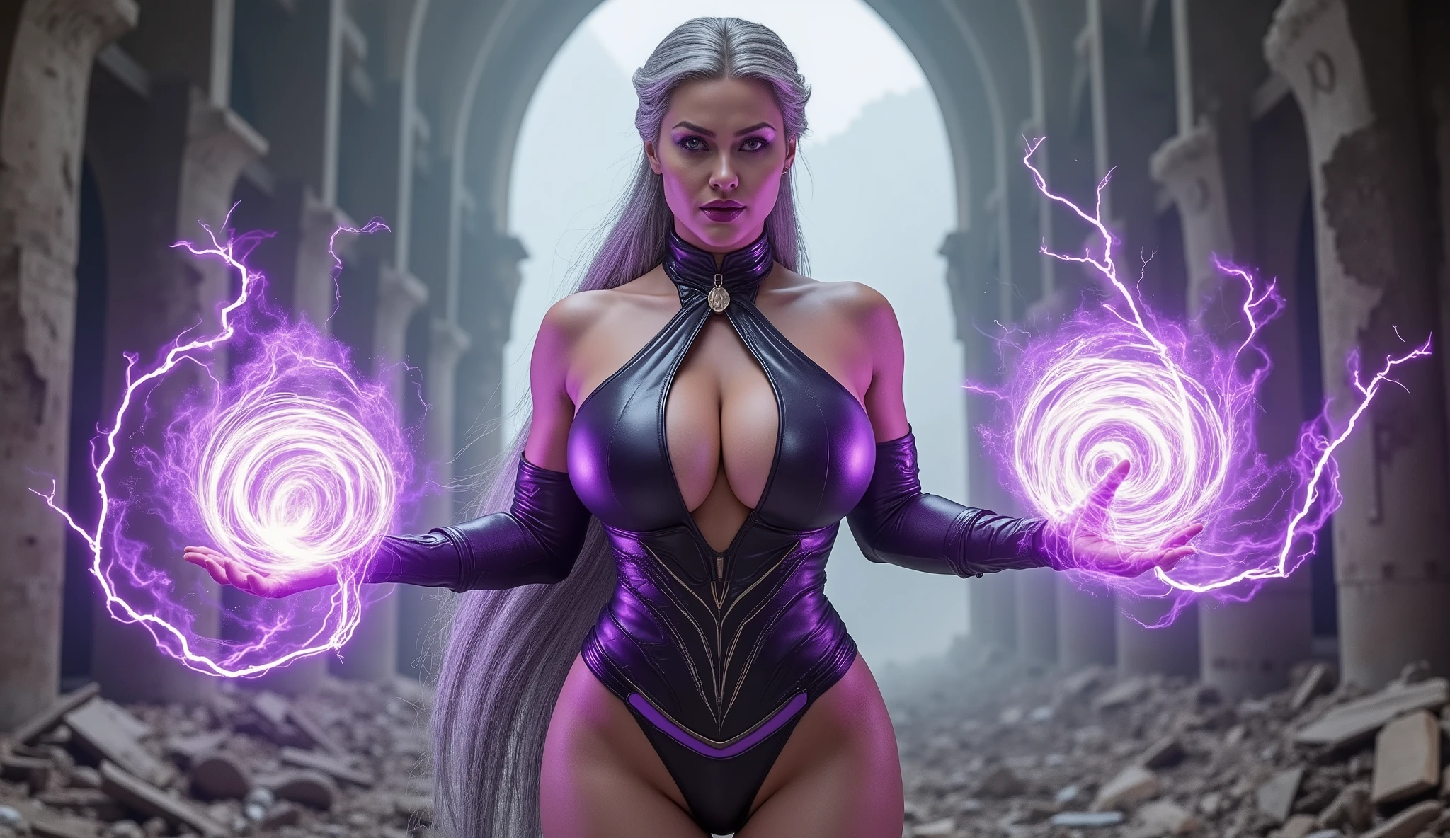 "A hyper-realistic full-body depiction of Sindel from Mortal Kombat, very large lifted breasts with deep cleavage, wide hips and thick thighs. Sindel has long gray hair Center with a Prominent Black Hair, long pulled back hair, elegant, flawless face , perfect skin, purple eyeshadow, glowing purple eyes blazing. Her outfit is a bold dark purple and black leather bikini bodysuit thong-style armor, her armored bodysuit glistens, Sindel stands in the ruins of an ancient fortress. Sindel should be portrayed from head to toe. She conjures swirling spheres of violet energy in both hands, purple lightning crackling around her. The crumbling stone walls and shattered arches loom in the background, debris scattered across the ground, cinematic dramatic lighting, ultra-detailed."