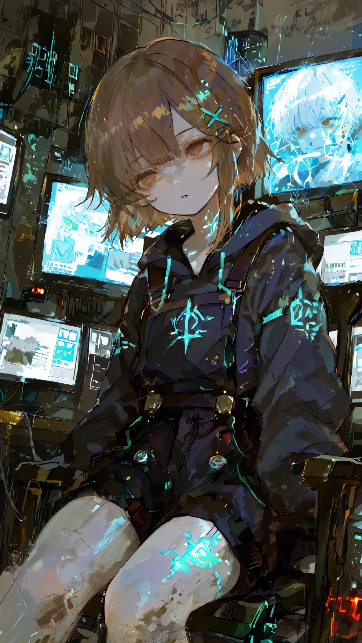 iwakura lain (serial experiments lain) a young girl with short brown hair, sitting in the middle of the image, sitting on a chair in a futuristic laboratory setting, genius, petite girl with confident expression, asymmetrical white hair with cybernetic hairpin, the girl has a slim body and pale skin, and her hair is styled in a short hair style with bangs. PC screen hanging on the wall, PC screens lined up, cluttered house, dirty room, data visualization as glowing geometric patterns, cool blue and magenta lighting, the lighting is bright and natural, coming from a window on the right side, casting a soft glow on her skin. the background shows a messy room with various medical equipment and cables, including a monitor and a computer, and the overall atmosphere is dimly lit with a green glow. the lighting is soft and warm, a hologram that floats. 1girl, solo, unrivaled beauty, ufotable, brown eyes, tired eyes, small pupils, asymmetrical hair, brown hair, hairclip, x hair ornament, single sidelock, hooded parka, soft shading, film grain, calm expression, emotionally charged, vivid eyes, douyin eyes ,whole body, dramatic angle, Dynamic Poses, clothing texture, detailed eyes, beautiful face, beautiful girl, beautiful body, beautiful hair, Masterpiece, very aesthetic, perfect composition, ((detailed eyes)), (highly detailed), ((Best quality :1.2)),((Detailed :1.5)),((Detailed background :1.5)). (HD eyes:1.4), ((4k,8k,Ultra HD)), {perfect body},(highly detailed), (oldschool style), 1990s anime style, retro-futuristic, digital distortion,retro artstyle, 1990s style,