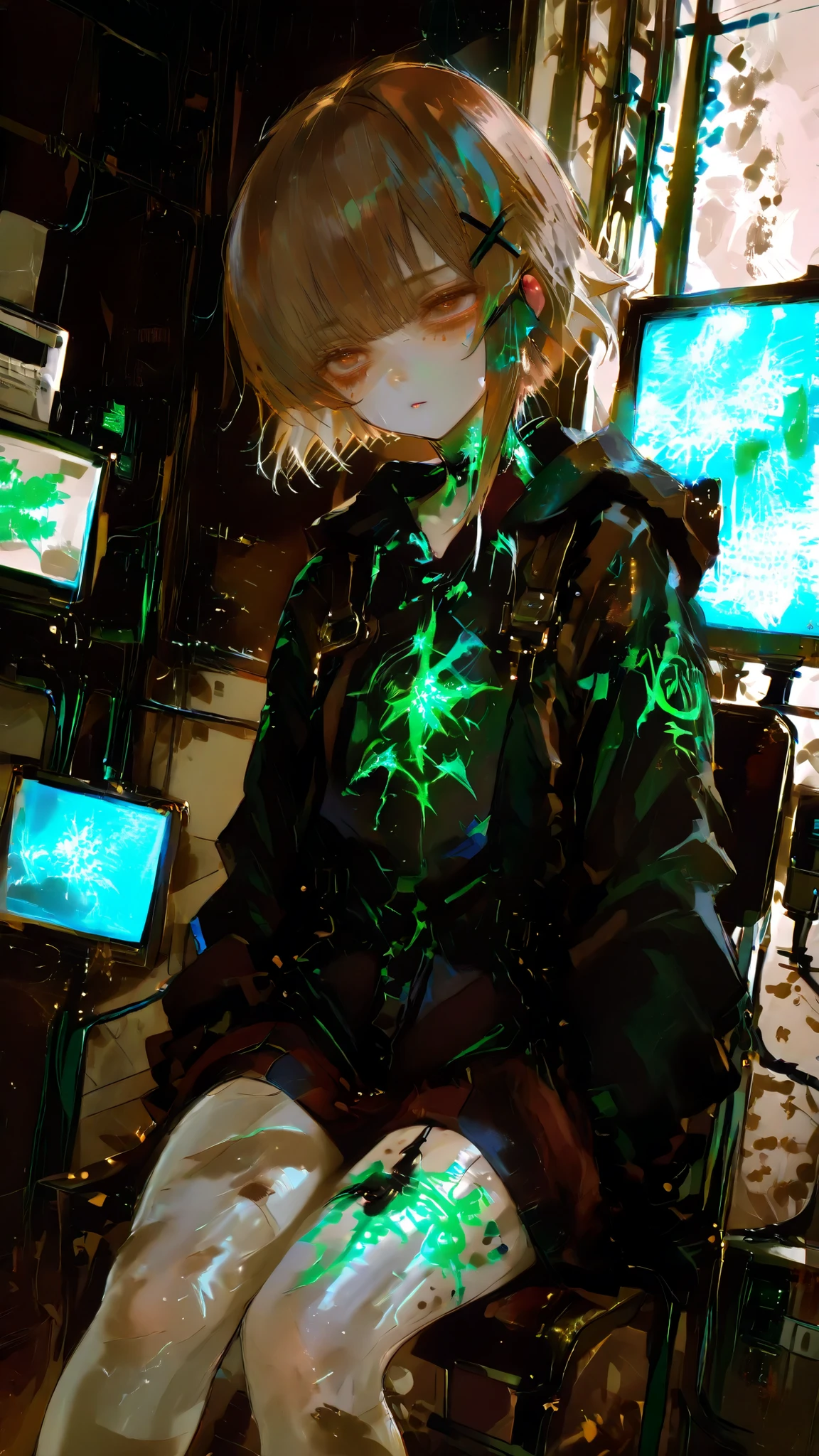 iwakura lain (serial experiments lain) a young girl with short brown hair, sitting in the middle of the image, sitting on a chair in a futuristic laboratory setting, genius, petite girl with confident expression, asymmetrical white hair with cybernetic hairpin, the girl has a slim body and pale skin, and her hair is styled in a short hair style with bangs. PC screen hanging on the wall, PC screens lined up, cluttered house, dirty room, data visualization as glowing geometric patterns, cool blue and magenta lighting, the lighting is bright and natural, coming from a window on the right side, casting a soft glow on her skin. the background shows a messy room with various medical equipment and cables, including a monitor and a computer, and the overall atmosphere is dimly lit with a green glow. the lighting is soft and warm, a hologram that floats. 1girl, solo, unrivaled beauty, ufotable, brown eyes, tired eyes, small pupils, asymmetrical hair, brown hair, hairclip, x hair ornament, single sidelock, hooded parka, soft shading, film grain, calm expression, emotionally charged, vivid eyes, douyin eyes ,whole body, dramatic angle, Dynamic Poses, clothing texture, detailed eyes, beautiful face, beautiful girl, beautiful body, beautiful hair, Masterpiece, very aesthetic, perfect composition, ((detailed eyes)), (highly detailed), ((Best quality :1.2)),((Detailed :1.5)),((Detailed background :1.5)). (HD eyes:1.4), ((4k,8k,Ultra HD)), {perfect body},(highly detailed), (oldschool style), 1990s anime style, retro-futuristic, digital distortion,retro artstyle, 1990s style,