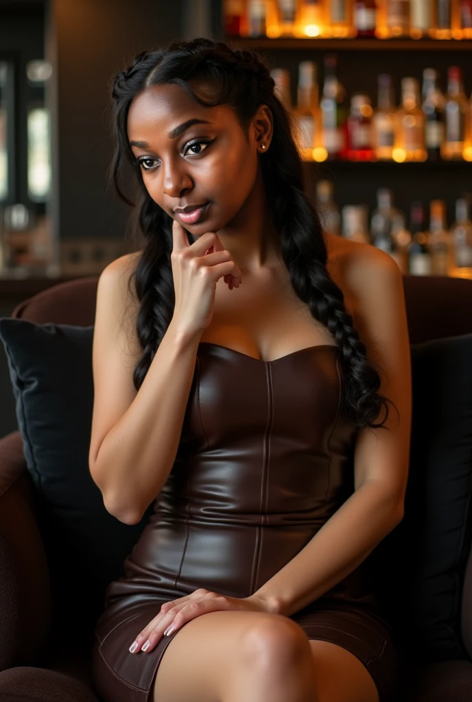 8k, RAW photo, best quality, ultra high resolution, photorealistic, realistic photo of skinny ebony girl  pool table, (skinny ebony girl, slim face, black hair, long afro hair),  pool table, in the table pool club, people on the background, full body portrait, photo from the side, wearing black leather pants, (black leather pants), wearing brown leather jacket, looking at viewer, smiling, (brown leather jacket), (extremely detailed CG unity 8k wallpaper), 8k uhd, dslr, bright lighting, high quality, film grain, Fujifilm XT3 sharp focus, f 5.6, High Detail, Sharp focus, (natural bright light)