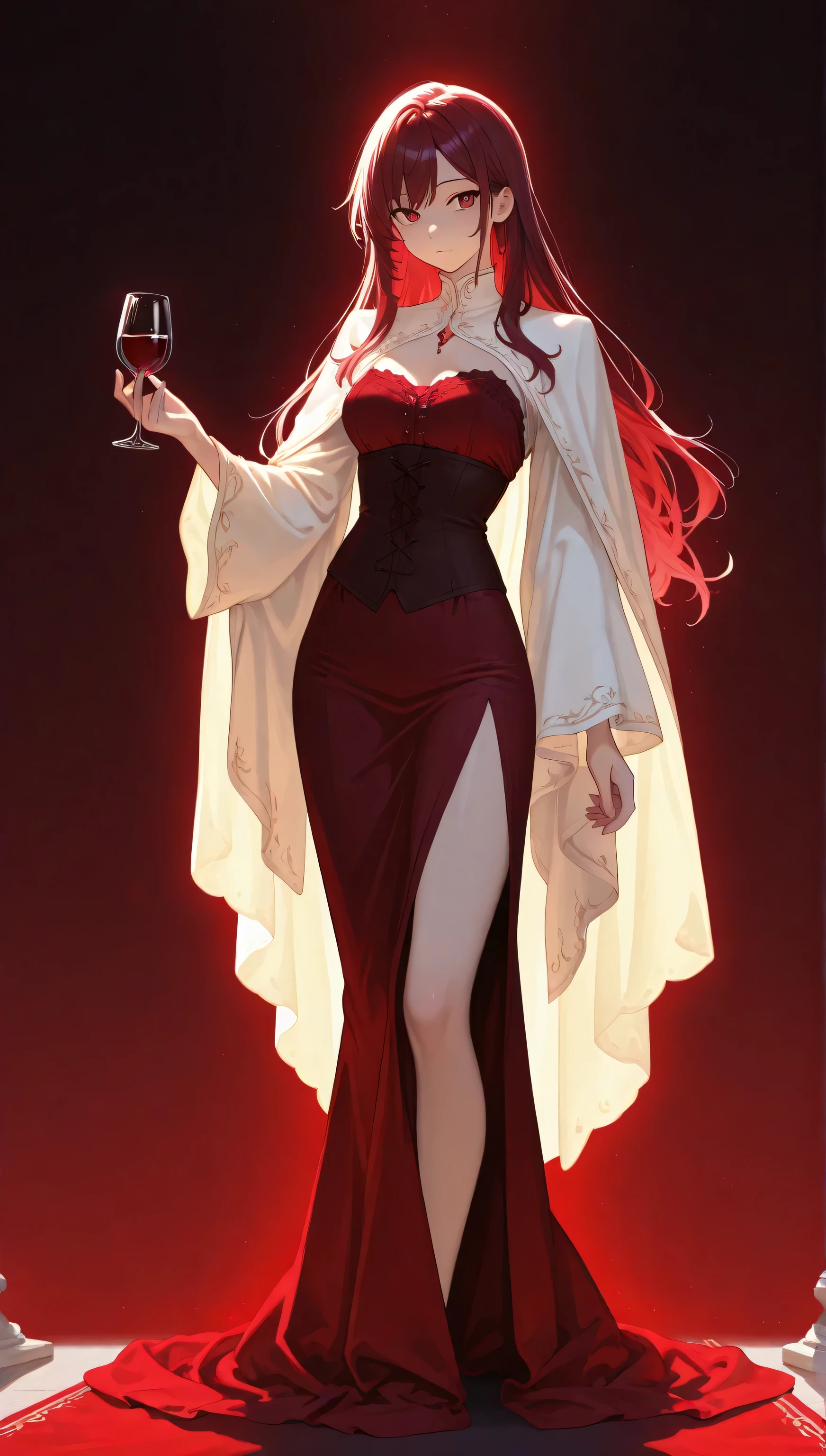 a detailed anime-style character , human, standing , full body , front view ,high quality, detailed eyes,intricate details, holding wine , red,soft lighting, sharp focus, semi real,8k, anime character, vibrant colours , delicate features,detailed eyes, contemplative pose , head slightly turned,She wears a fitted,bodice with intricate vertical paneling, flowing into a dramatic, high-slit skirt that fades from deep to light at bottom. A long, ethereal, light cape with wide sleeves drapes over the shoulders, . The overall design emphasizes sharp angles, a high collar,. Perfectly framed , nothing cropped out , fully visible , ( nothing cropped out :1.4)