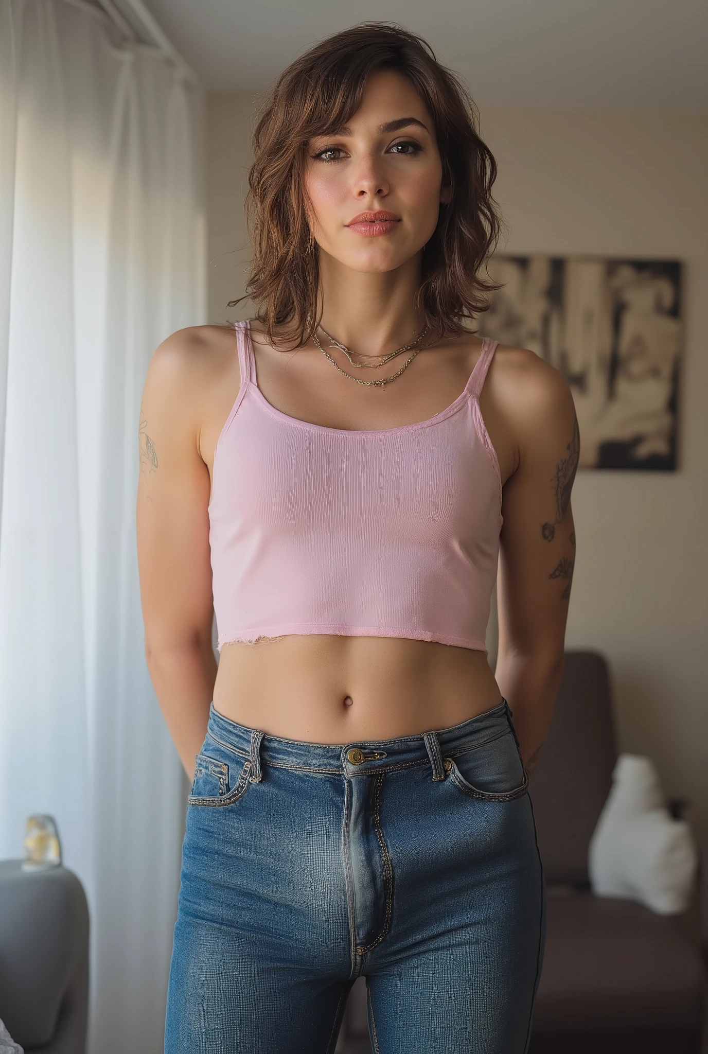 Revealing the outlines of an penis,,braces on teeth, photorealistic full-body portrait of femboy in contemporary hotel room, slender petite androgynous figure with delicate features and youthful appearance, wearing tight-fitting leggings that accentuate lean and slim legs, paired with pastel-colored cute tank top slightly cropped to reveal hint of midriff, creating perfect balance between masculine and feminine silhouette elements, styled with soft tousled hair falling partially across forehead in deliberately casual arrangement, establishing direct eye contact with viewer through large expressive eyes enhanced with subtle makeup, submissive and devote expression, standing with hands behind back, realistic warm hotel lighting from multiple sources creating dimensional highlights across denim texture and exposed skin enhancing three-dimensional quality, sophisticated depth-of-field effect rendering hotel room furniture and decor in artistic blur while maintaining razor-sharp focus on subject, professional photography style with attention to fabric textures and anatomical accuracy, hotel interior featuring contemporary minimalist design with large windows creating natural backlighting