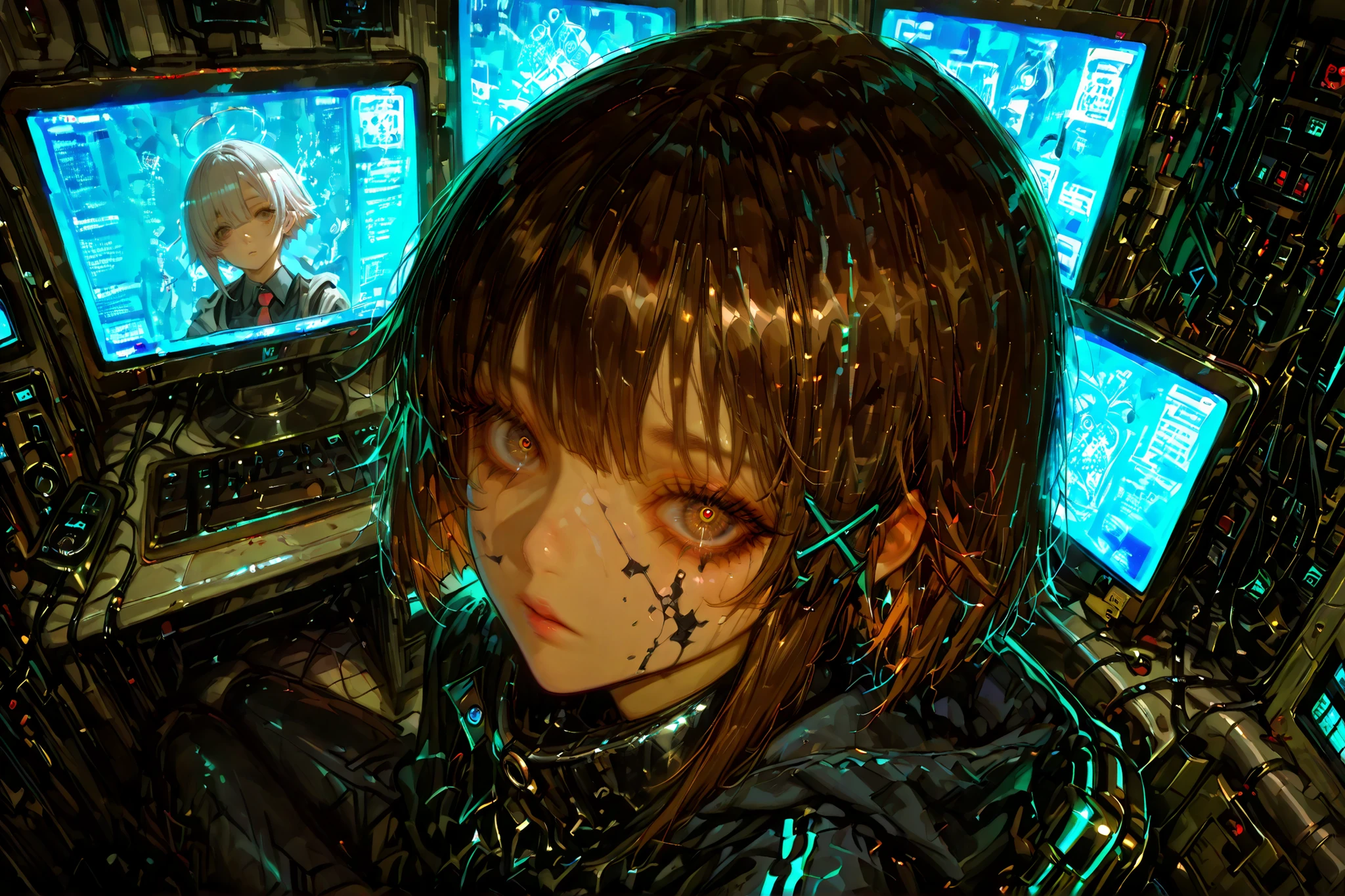 iwakura lain (serial experiments lain) a young girl with short brown hair, sitting in the middle of the image, sitting on a chair in a futuristic laboratory setting, genius, petite girl with confident expression, asymmetrical white hair with cybernetic hairpin, the girl has a slim body and pale skin, and her hair is styled in a short hair style with bangs. PC screen hanging on the wall, PC screens lined up, cluttered house, dirty room, data visualization as glowing geometric patterns, cool blue and magenta lighting, the lighting is bright and natural, coming from a window on the right side, casting a soft glow on her skin. the background shows a messy room with various medical equipment and cables, including a monitor and a computer, and the overall atmosphere is dimly lit with a green glow. the lighting is soft and warm, a hologram that floats. 1girl, solo, unrivaled beauty, ufotable, brown eyes, tired eyes, small pupils, asymmetrical hair, brown hair, hairclip, x hair ornament, single sidelock, hooded parka, soft shading, film grain, calm expression, emotionally charged, vivid eyes, douyin eyes ,whole body, dramatic angle, Dynamic Poses, clothing texture, detailed eyes, beautiful face, beautiful girl, beautiful body, beautiful hair, Masterpiece, very aesthetic, perfect composition, ((detailed eyes)), (highly detailed), ((Best quality :1.2)),((Detailed :1.5)),((Detailed background :1.5)). (HD eyes:1.4), ((4k,8k,Ultra HD)), {perfect body},(highly detailed), (oldschool style), retro-futuristic, digital distortion, retro artstyle, 2000s (style), ,Artistic Horror, Detailed Horror Art, detailed iris, full lashes, dark lashes,