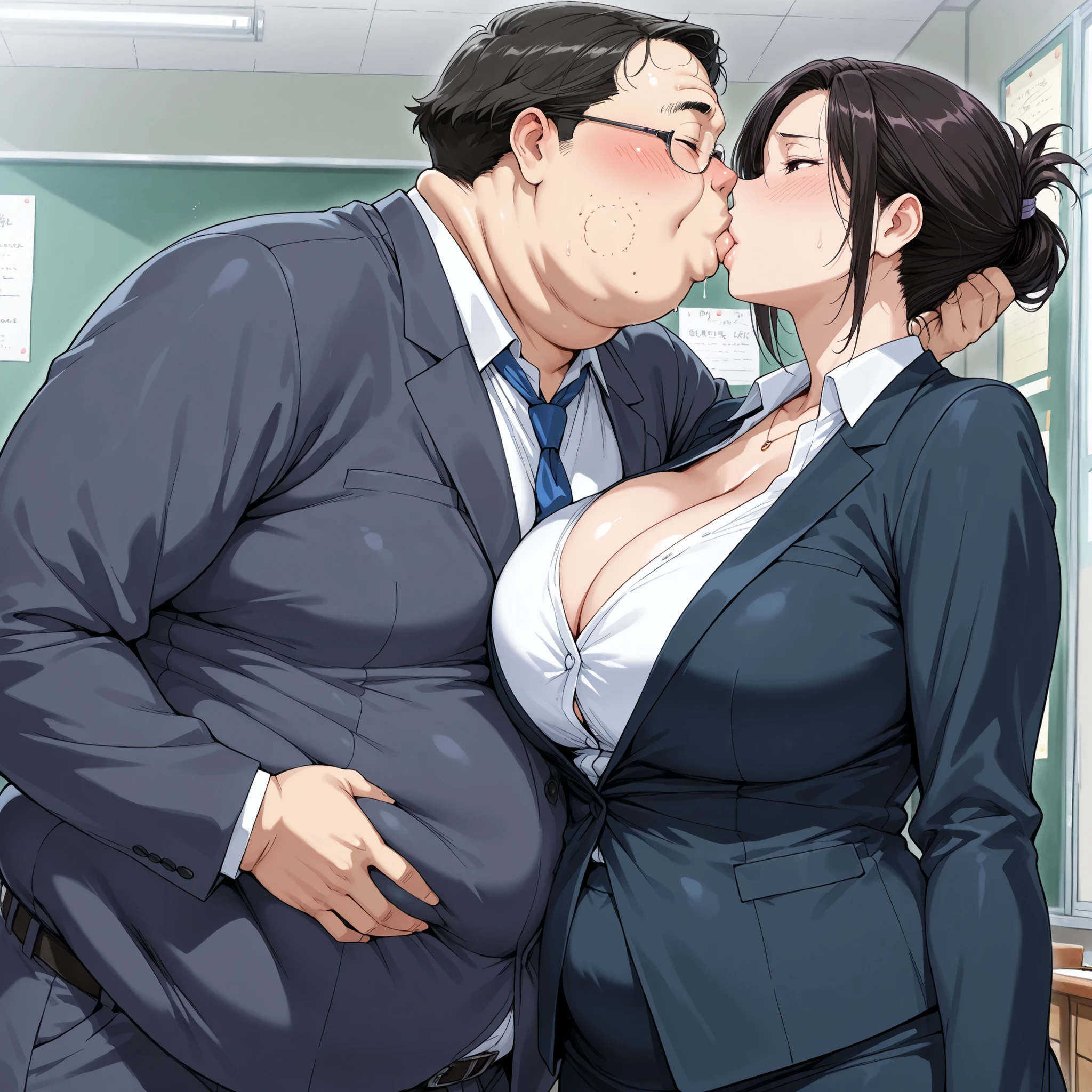 Slim Girl ((high school uniform :0.5),long,My hair,chest)And an obese boy((Fat:1.4),(Glasses:0.3),teacher,Suit,plump face,short My hair, male,ugly),Deep Kiss,High Quality