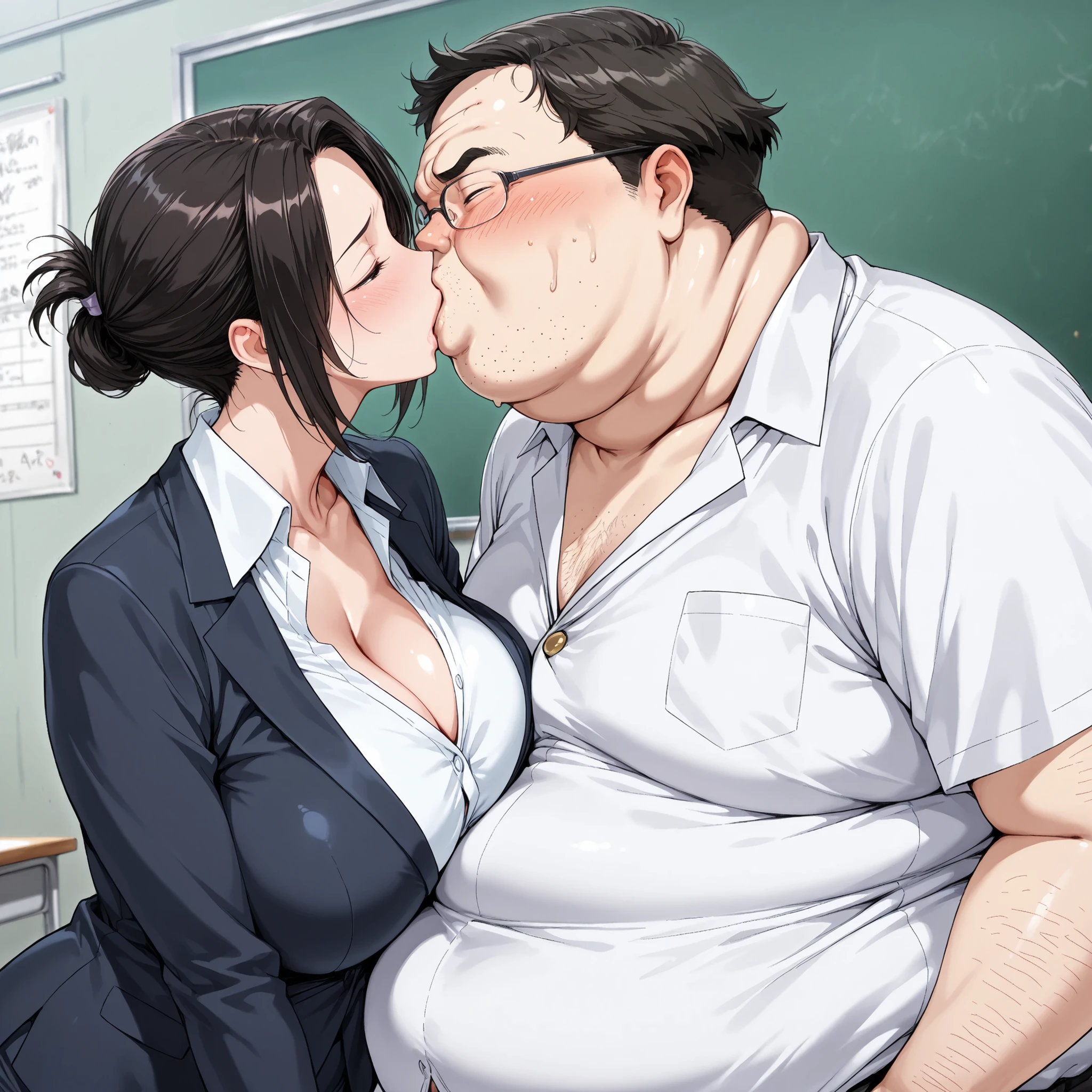 Slim Girl ((high school uniform :0.5),long,My hair,chest)And an obese boy((Fat:1.4),(Glasses:0.3),teacher,Suit,plump face,short My hair, male,ugly),Deep Kiss,High Quality