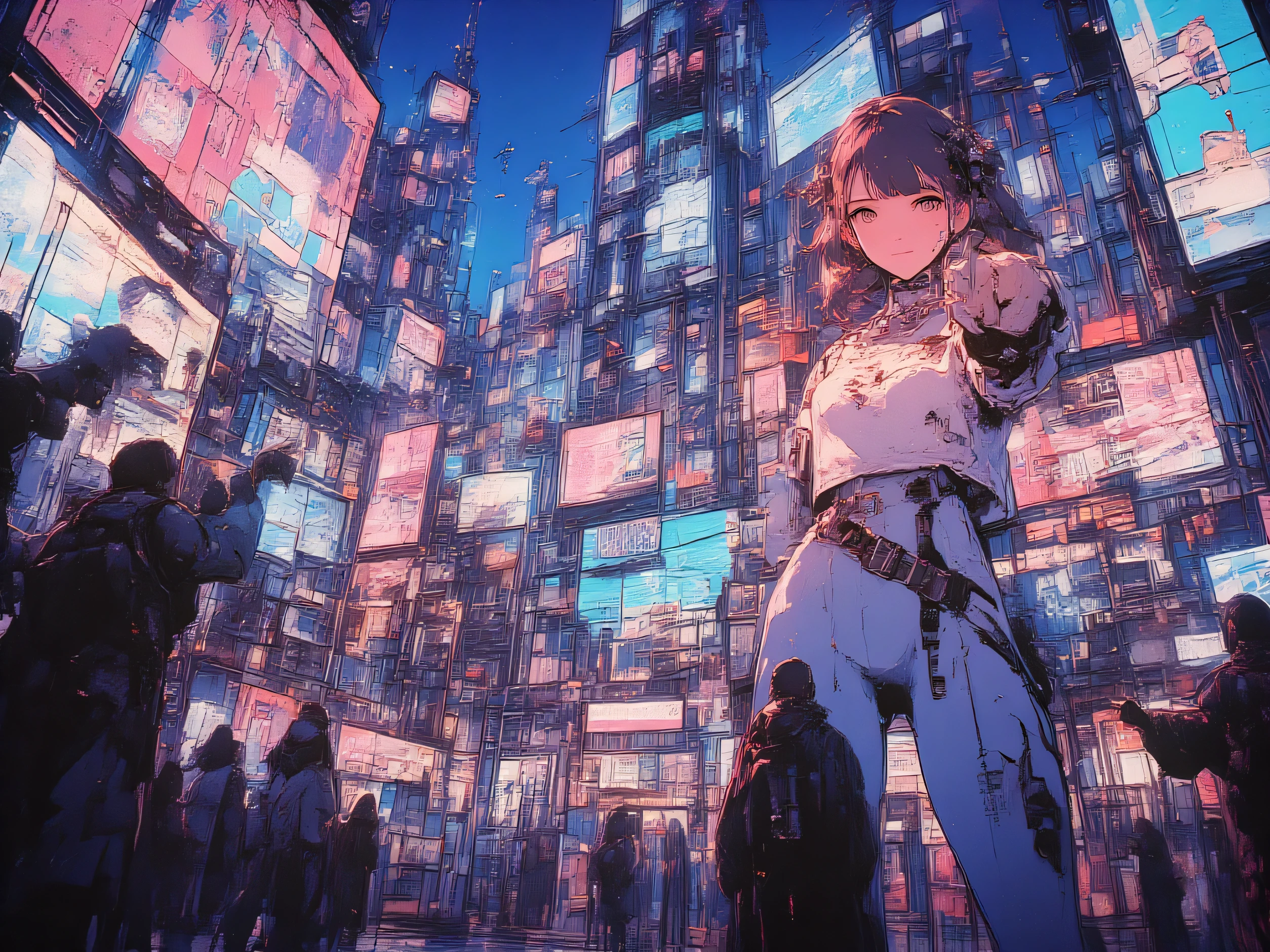 pop art, photorealistic, ultra-detailed, masterpiece, high quality, perfect hands, futuristic urban landscape, small town, authentic brick houses with added cyberpunk, several giant digital billboards, a sweet young girl on all screens, smiling, waving, pointing at you, brunette, hair decorated with ribbons and lace, glitch effect on all screens, surprised people on the ground pointing at the screens, cinematic lighting, realistic shadows, urban atmosphere, low angle shot, twilight, Shining city