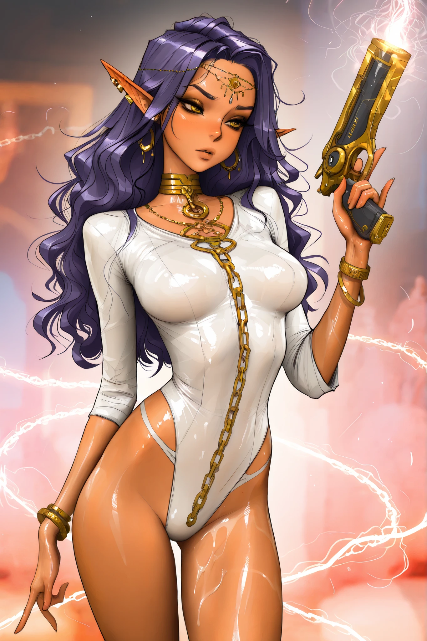 Expressiveh, masterpiece, best quality, very aesthetic, movie quality, depth of field,soft saturation, focused subject, ,official style, shiny skin, long dark purple hair, elf ears, curly hair, , yellow eyes, gold eyeshadow, (dark-skinned female
), athletic body, shirow masamune, sam yang, oily skin, medium breasts, fluids on skin, trendy clothes, streamer, thot, wavy hair,, (slender body, very skinny), sexy leotard bodysuit, gold choker, gold jewelry, (magic pistol), detailed eyeliner, head chain, elf ear piercings, chains from ears, slutty pose, gold eyeshadow, gold rings, holding space pistol, white body markings