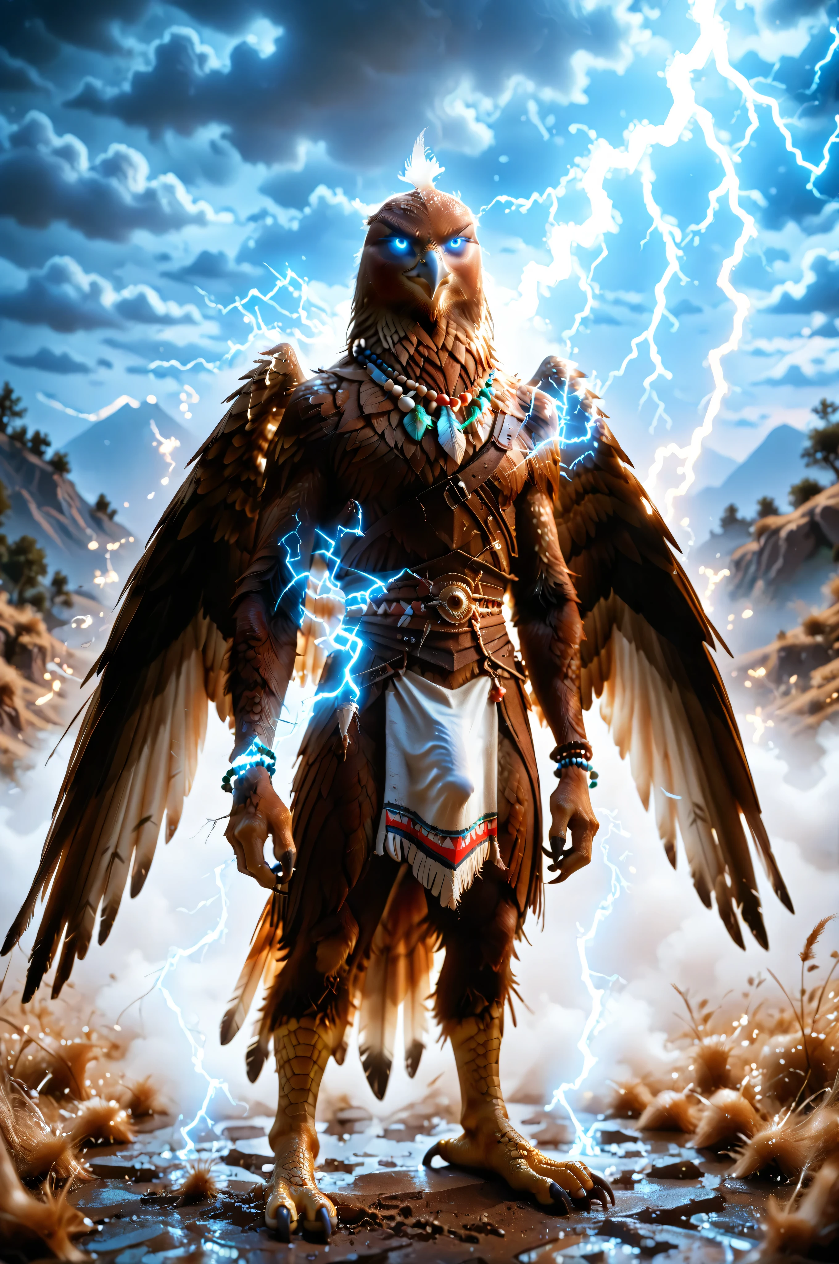 Masterpiece, 8k, realistic, cinematic lightning, uber detailed, highly realistic, Ligmagmb, electricity, lightning, glowing, blue theme, electricity, auralora, 1boy, solo, large man about five ten of Lakota indian descendant, Native American, Thunderbird, Golden Eagle, kftenhance, Golden Brown Skin, (Huge Golden Brown Eagle Wings Opened for flight attached to back), Muscular Arms with Talons, Taloned Feet, Golden Eagle Feathering, (Wide Knee Length beaded Loincloth), bulge, beaded necklaces, beaded bracelets, beaded shirts, Blue eyes, glowing eyes, standing looking out over the field, three quarters view, background: mountainside overlooking a valley, early night, Lighting Diffused, partially cloudy, Powerful stance Or Crouching Or Squatting, moonlight, no visible moon, stormy weather with clouds,
