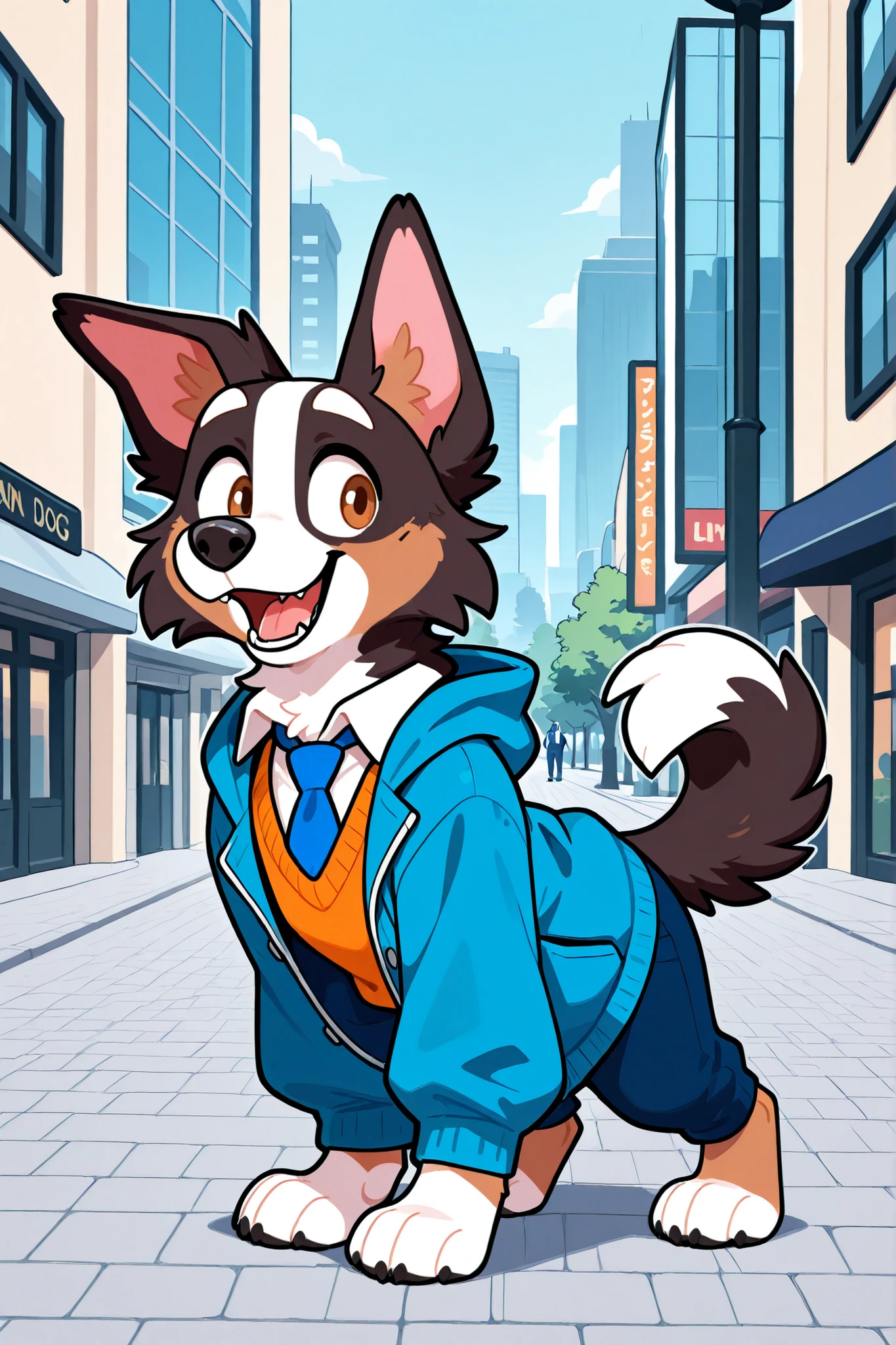an border collie dog walking in the park at morning wearing a blue furjacket, an orange vest sweater under the jacket and a white shirt with a blue tie under the vest sweater, and blue pants, brown fur:1, city background, happy expression, white eyebrows.