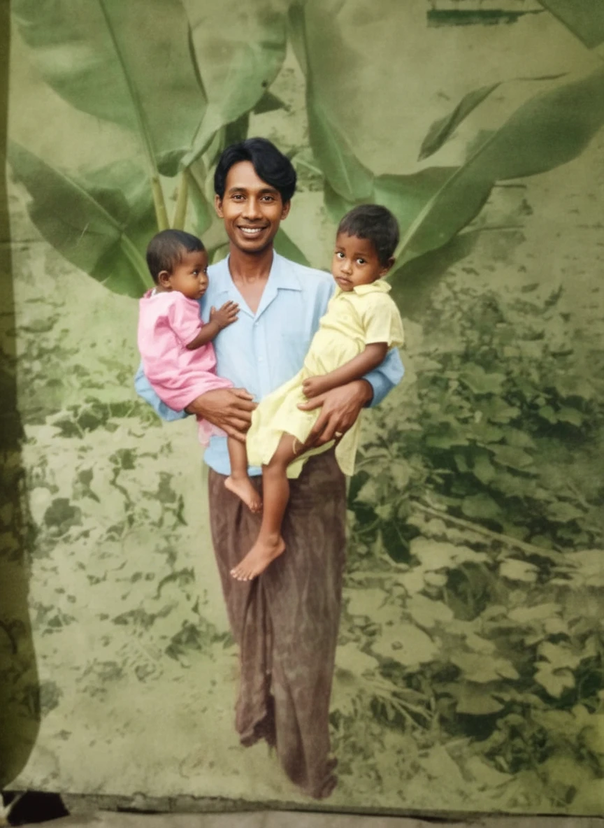 There are two small children next to a man in a yellow shirt, old color photo, old color photograph, taken in the early 1960s, taken in the 1970s, northeastern people in Brazil, taken in the early 1970s, taken in the late 1970s, 1 9 7 0 Color photography