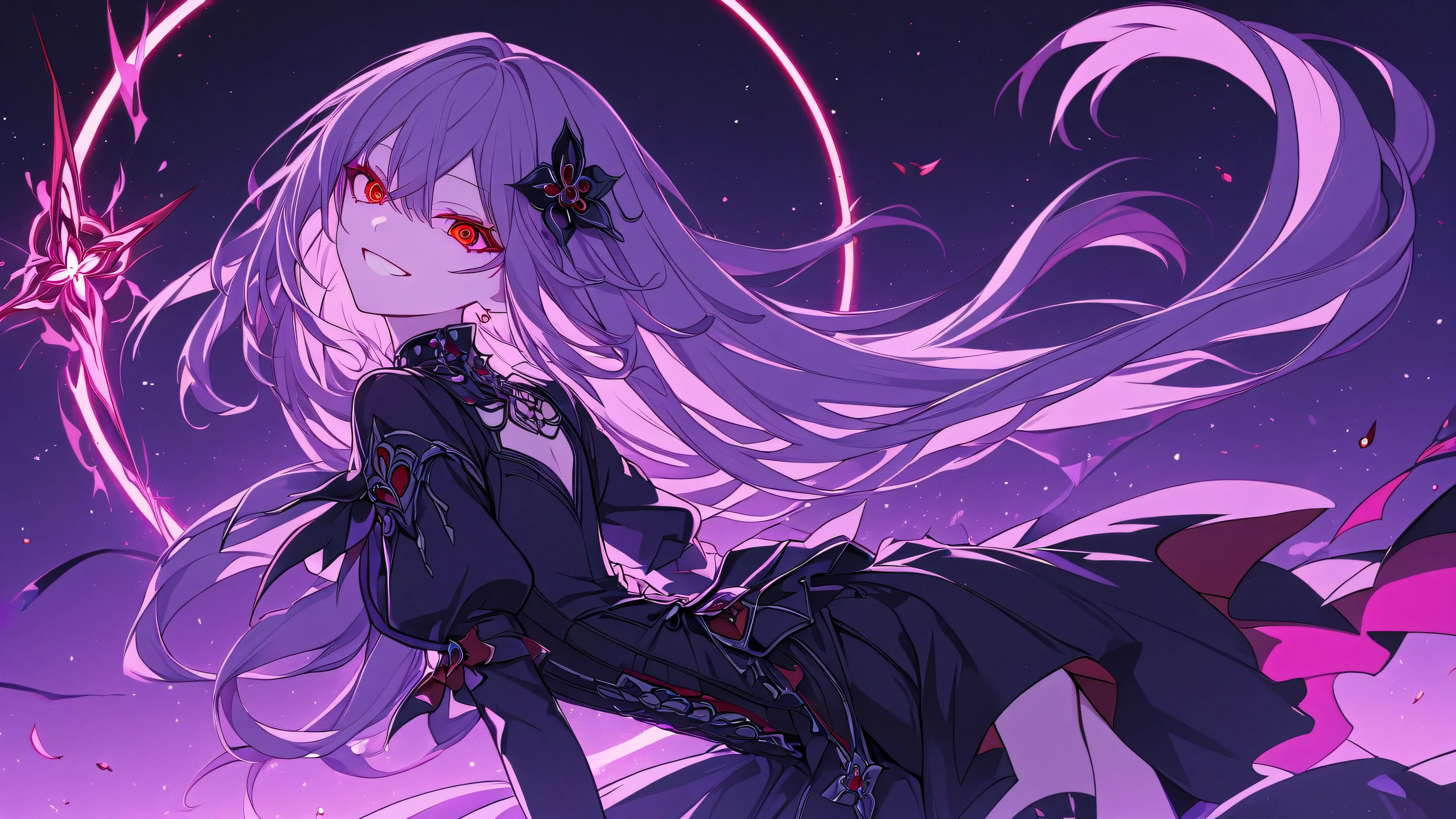 1girl, masterpiece, best quality, ultra detailed, anime style, sharp lines, clean lineart, crisp details, cel shading, high definition, 8k, elegant gothic fantasy vibe, evernight style, honkai star rail character design, intense expression, yandere smile, chaotic energy, emotional, vibrant eyes, glowing red eyes, mischievous grin, dramatic neon accent, lavender hair, pinkish purple highlights, layered long hair, side bangs, dark gothic outfit, black and silver clothing, red accessory, floral motif, intricate fantasy details, celestial ornament, metallic accessories, dramatic lighting, mystical aura, cinematic composition