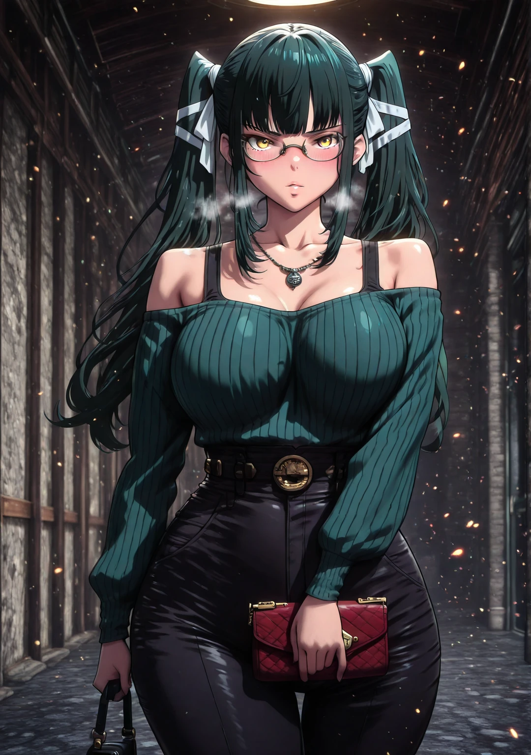 ggstduel, Hgk, (yoshio_(55level)-style:1.4), (imizu_(nitro_unknown)-style:1.4), (packge-style:1.2), (shiroshisu-style:1.2), ((anatomical correct)), ((embers)), ((Cinematic, unreal engine, eye-catching, ambient occlusion, UHD, masterpiece)), ((perfect lighting)), perfect body, perfect eyes, perfect fingers, gasping, heavy breathing, gasping profusely, ((skindentation)), ((curvy)), mato seihei no slave, azuma yachiho, long hair, bangs, black hair, bow, twintails, yellow eyes, hair bow, green hair, plump, 1girl, glasses, solo, breasts, jewelry, necklace, bare_shoulders, pants, looking_at_viewer, off_shoulder, high-waist_pants, striped_shirt, striped, sweater, handbag, blush, holding, collarbone, shirt, long_sleeves, indoors 