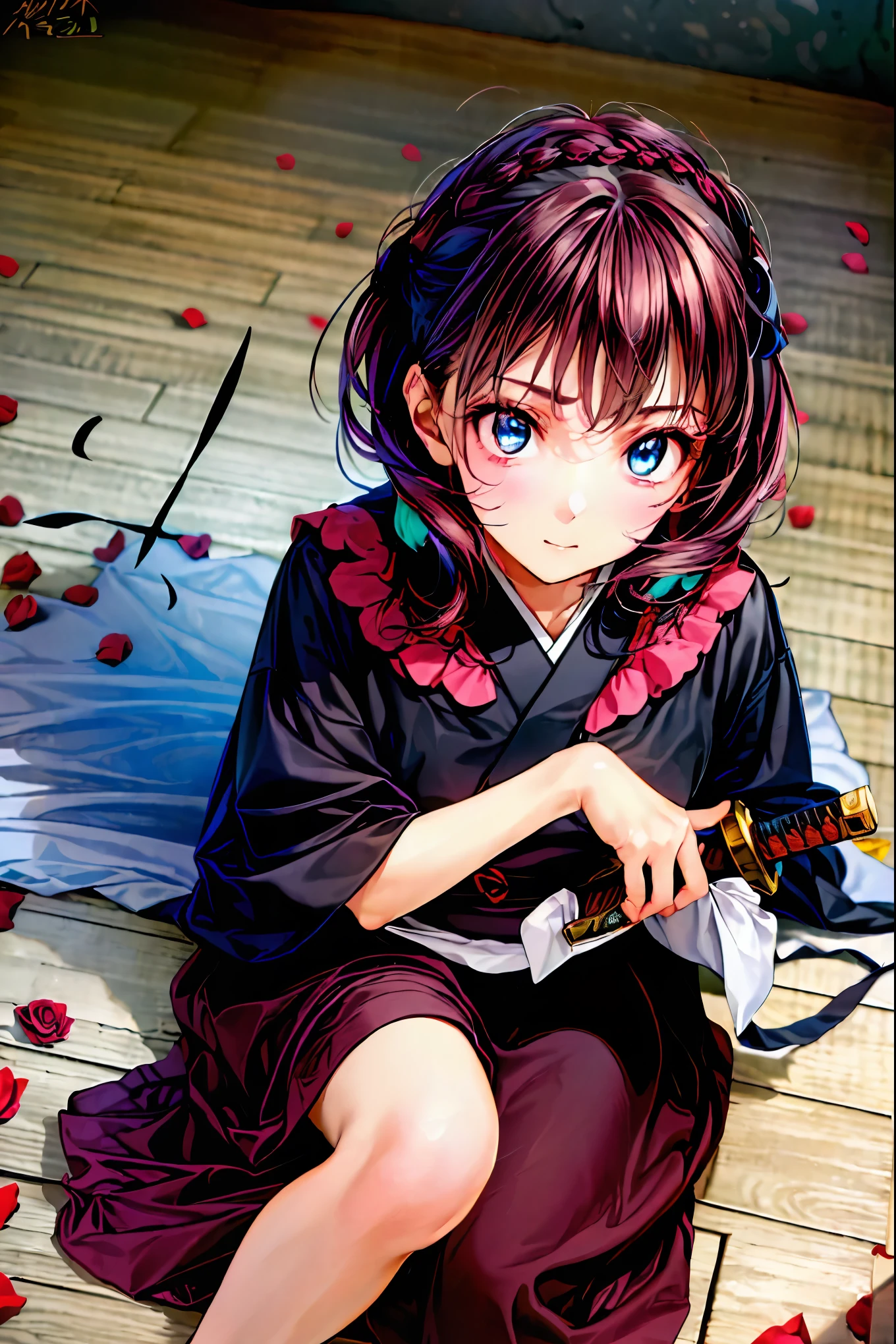 Highest Quality, face focus, soft lights, ultra high res, (photorealistic:1.4), Original Artwork,(((((Japanese sword 1.2)))))，Rose Assassin，(((((Blue roses are spread all over the floor:1.4)))))， meteor、空から降り注ぐmeteor、無数のmeteor群、brown hair，shortcut to lay purple eggs，unkempt hair，Short braided hair，Neat，slender beauty，correct posture，small breasted，Beautiful legs，Her enchanting gray-blue eyes shine like stars，Saggy Eyes，bright colors,beautiful eyes,A delicate smile,Textured Skin,best quality,gentle and beautiful woman,anime style､seen from above, solo, cute, (pupil),(individual eye light), Motorcycle Rocket Cowl Modification, (Tiny Chest),(human skin texture high resolution detail), (Boro-Yado's Long Hair), Sit Couch, School Uniform, charcoal vest, skirt, (Upper Thigh)
