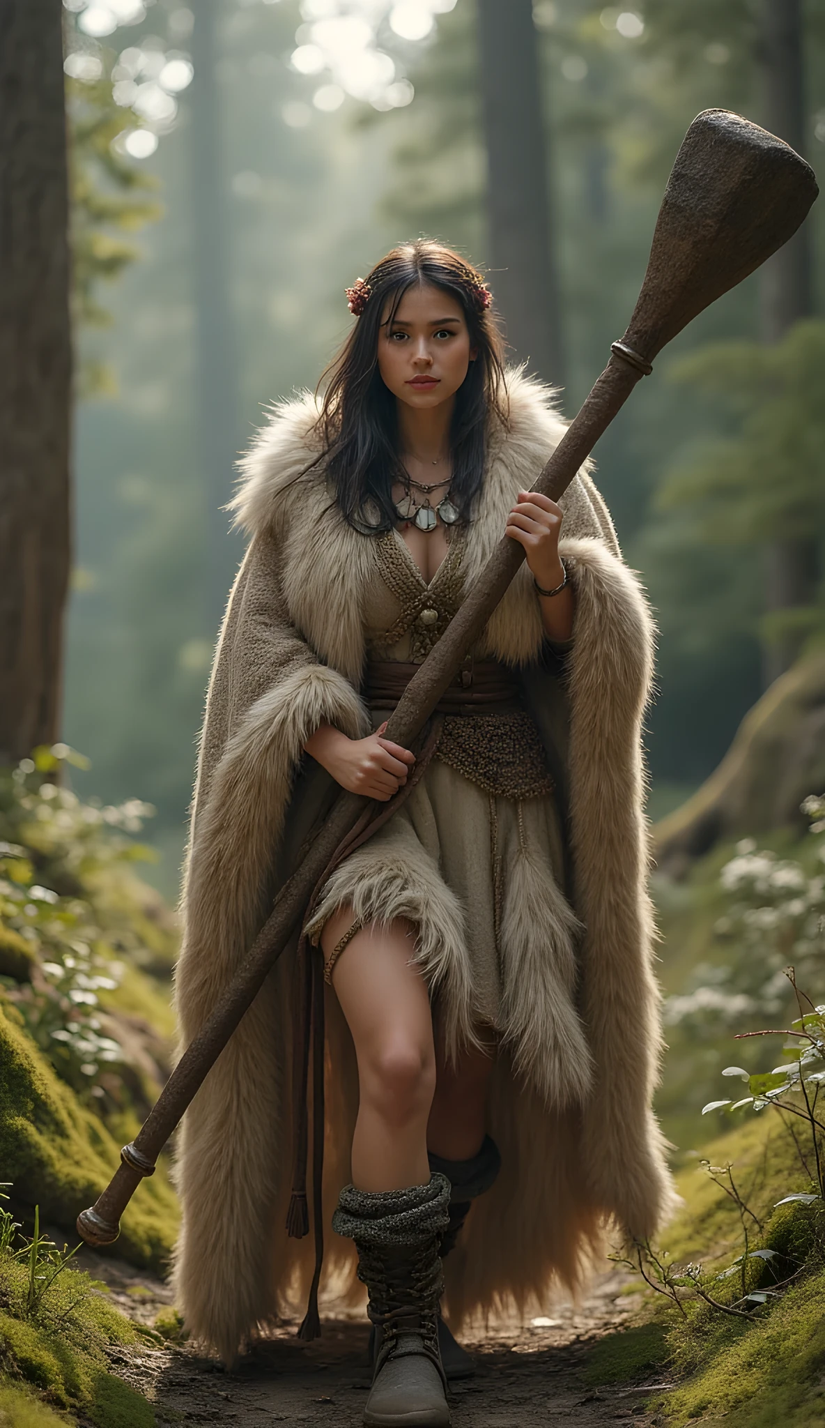 Stone age era, (prehistoric age era:1.6), ((Realistic cinematography ultra wide angle depth intense details of realistically stunning forest landscape scenery)),focusing on a happy Eskimo female walk gracefully pose,,holding and gripping a big Stone mace weapon,figure,(every features are depicted clearly),(realistically and intricately depicting scenery),((prehistoric age)),,(primitive long fur fabric cloak tunic dressing|fully wool fabric enveloping her whole body),long skirt,(perfectly depth symmetrically precisely curvaceous busty full body shaped),(cinematic dynamically camera widely angle scenery:accurately depicted:1.3),the lively prehistoric cradle of historcal depicting scenery,afternoon,realistically full depth,summer season,(cinematography dynamic angle|hyperrealistic:realistic scenery:3d texture over the scenery),best videography angle,hdr,masterpiece,4K,(cinematography vibe),primordial folk fabric wardrobe,(dynamic image composition),(octane 3d rendering|50mm lens shot:1.3),(precise lifelike skin texture:lifelike hairs:realism),(best rule of third photography composition),(best image aperture),(full details depth of field),(best shutter speed),(RAW photo image),(photorealistic|photorealism:hyperrealism style),(realistic depth 3d:cgi:1.3),(trending on cgsociety:devianart:unreal engine 5),,(best photography:national Geographic style), bronzePunkAi and sandalPunkAi artwork, digital art,best lighting concept,(realistic intricately fixed truly fully human's anatomy body+hands+and+fingers anatomical),natural motion,inspired by farcry5 game artwork, SFW,