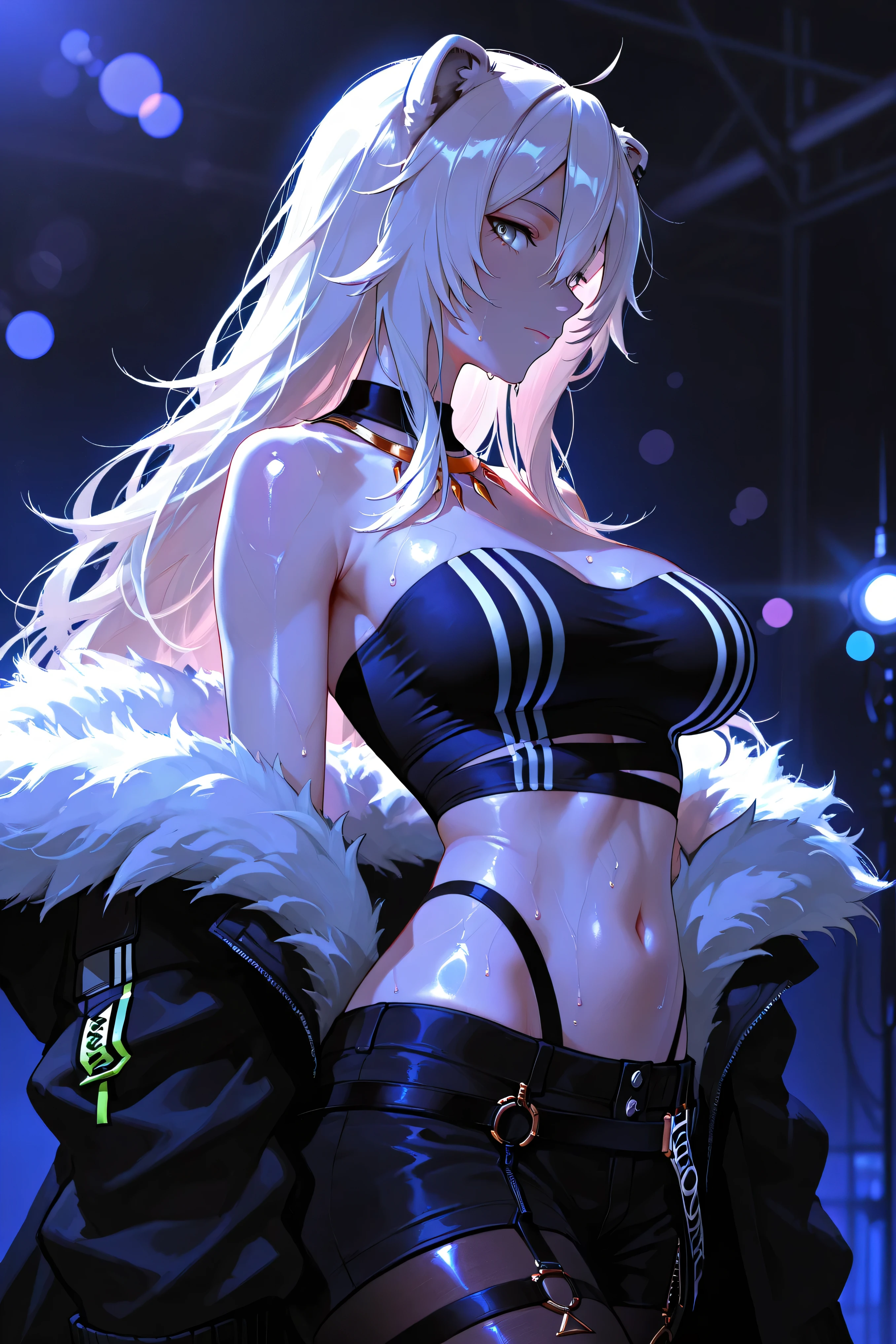 1girl, Shishiro Botan_(Hololive on the game), High Quality, masterpiece, 4K, 8k, Hi-Res, super detailed, HDR, ultra high res, studio lighting, ultra fine painting, Extremely Detailed Description, professional, bright colors, Bokeh, Anime Style,source anime ,shiny skin, Cinematic, masterpiece, 最High Quality, Good quality, Newest,
standing , eyes,fair skin, messy hair, solo, defined hips, narrow shoulders, wide hips,navel, sweating, dark vibe, gloomy lighting,drkgirl,dark,taking off fluffy jacket, fluffy jacket,black sarashi, micro sarashi, short pants, panty straps, black pantyhose, tirn pantyhose, walking, fantasy character, refined and elegant, high contrast lighting, looking at viewer,(detailed eyes), closed mouth, close up view, vibrant colors, dark themed,side view, from side, head looking downward,