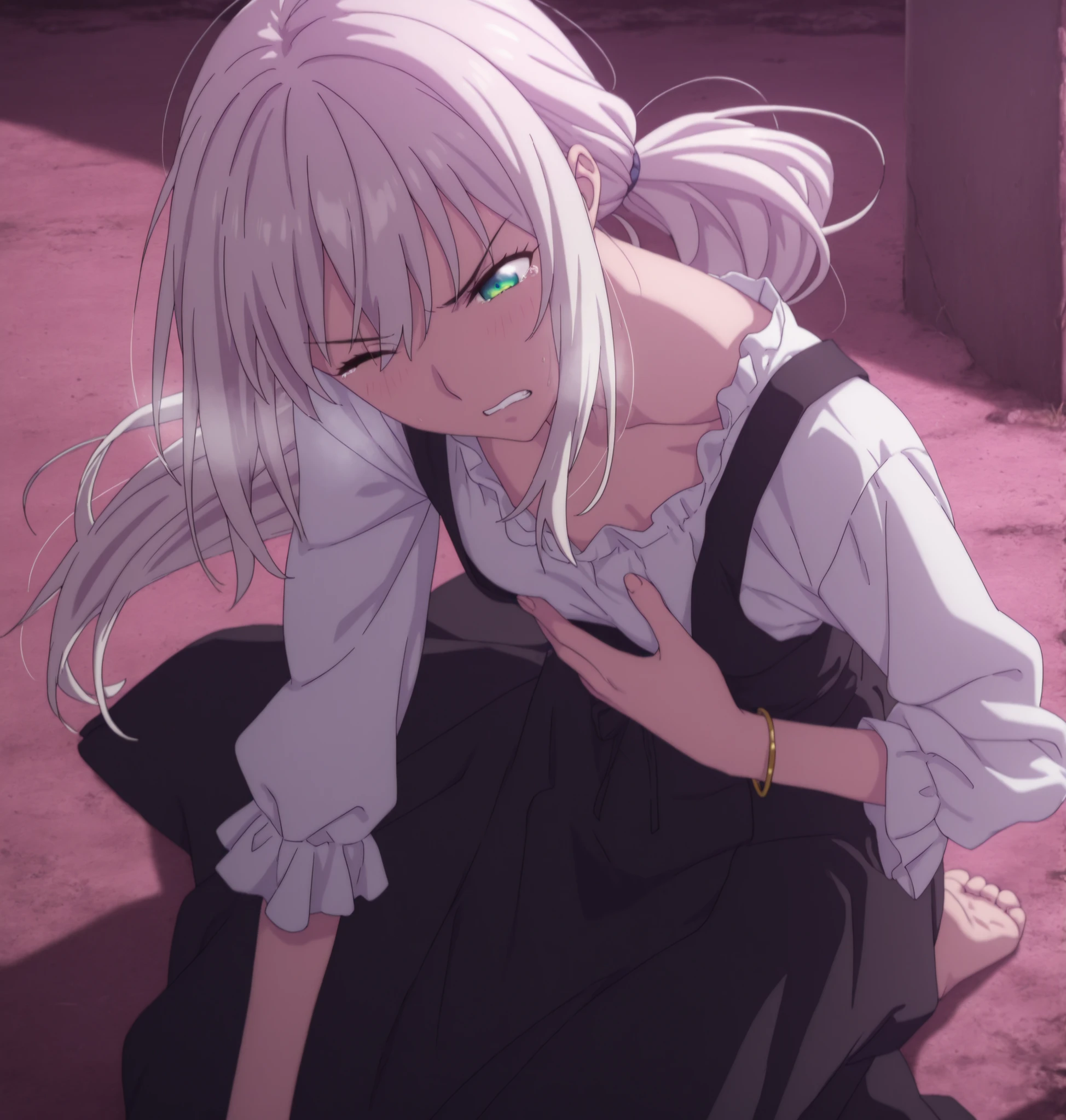 masterpiece, best quality, amazing quality, highres, absurdres, very aesthetic, high resolution,  ,ultra detailed, perfect details, from above, from side, 1girl, solo, outdoors,(detailed background:1.2),(()),((dawn, ))pink light, minami kano, long hair, low ponytail, white hair, long bangs, , green blue eyes, (detailed beautiful eyes), bracelet, (lolita fashion),white shirt ,(small breasts), , (aged up:1.5),(seiza ,leaning forward), looking down, (anime coloring), , pose, , head tilt, slim body, slender body, slim arms, long legs, pale skin,(hand on breasts), wind lift, hand on ground, hip up, , angry, frown, heavy breath, wince , light embarrassed, tears, clenched teeth