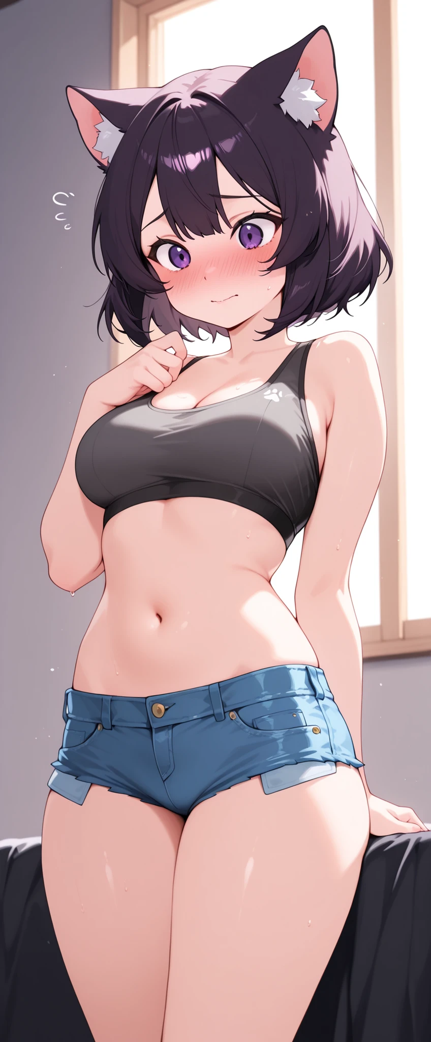 high resolution, Adult female , Good Lighting, Despicable, , (I haven't taken off my clothes), (((sports bra, micro short jeans))), (()), ((Cat ear girl,Goggia)), (), Abdominal area only, (), , cute face, I' m I'm so embarrassed that I blush, is embarrassing,