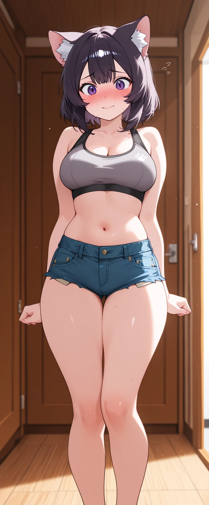 high resolution,  Adult female , Good Lighting, Despicable, , (I haven't taken off my clothes), (((sports bra, micro short jeans))), (()), ((Cat ear girl,Goggia)), (), Abdominal area only, (),  ,  cute face, I' m I'm so embarrassed that I blush, is embarrassing, 