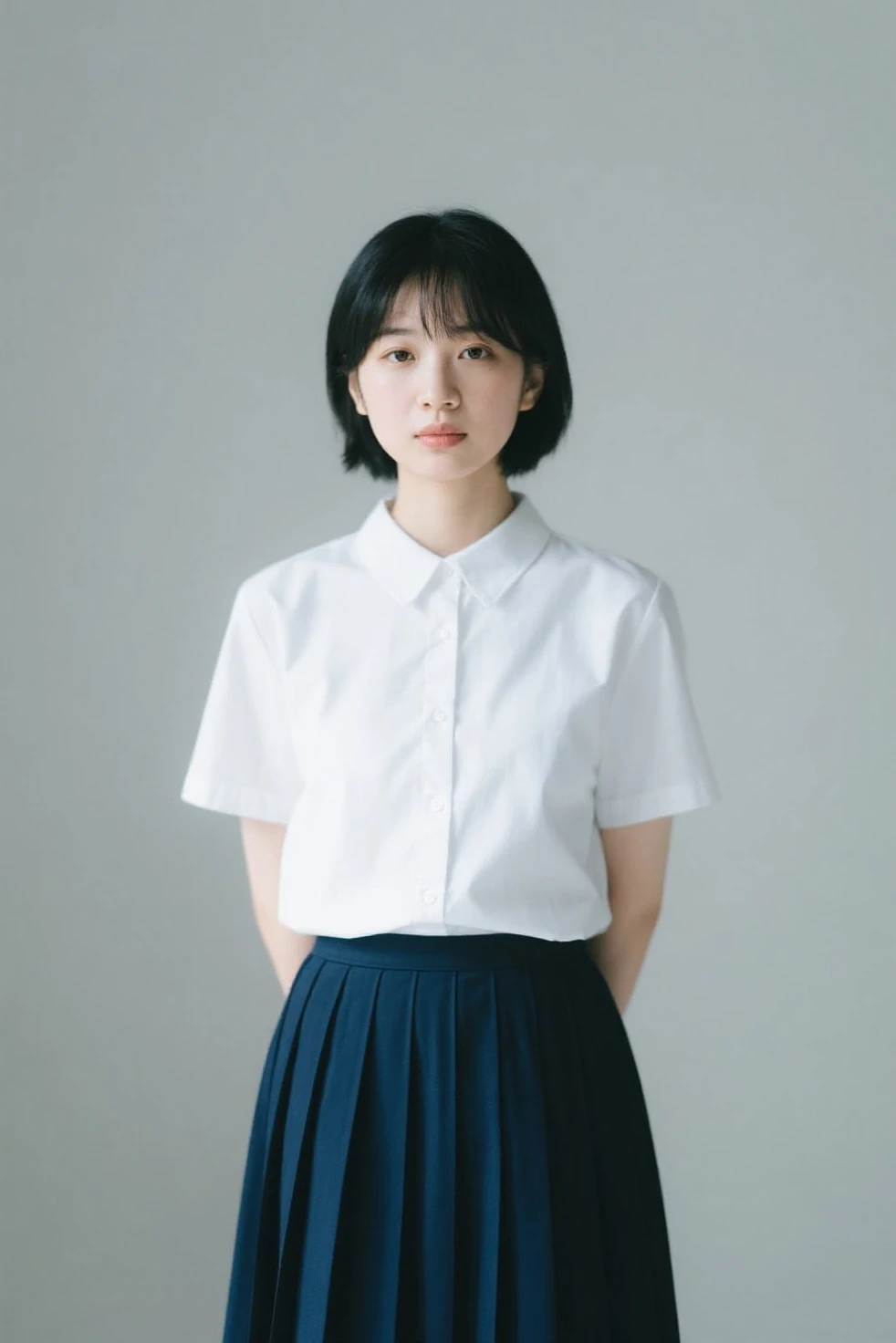Nibuakari LoRA, girl, Realistic, RAW Photos, Highest quality, (Perfect ), (View your viewers:1.2), (Depth of written boundary:0.6), (Are standing), (Put your arms behind your back:1.6), (About the Room. Simple Background), 18-year-old, (Flat :1.2), whole body, (Navy blue Japanese , Dark blue long skirt:1.25), Long sleeve, (Straight medium hair), Illuminate the subject, (Fair skin:1.2), bangs,