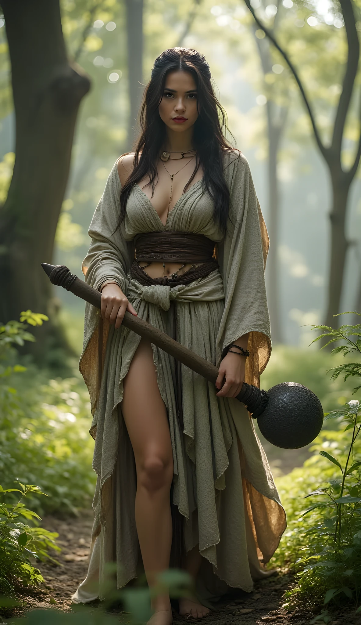 Stone age era, (prehistoric age era:1.6), ((Realistic cinematography ultra wide angle depth intense details of realistically stunning forest landscape scenery)),focusing on a happy goth female walk gracefully pose,,holding and gripping a big Stone club weapon,figure,(every features are depicted clearly),(realistically and intricately depicting scenery),((prehistoric age)),,(primitive long size fur fabric cloak tunic dressing|fully wool woven kimono dress enveloping her whole body),long skirt,(perfectly depth symmetrically precisely busty full body shaped),(cinematic dynamically camera widely angle scenery:accurately depicted:1.3),the lively prehistoric cradle of historcal depicting scenery,afternoon,realistically full depth,summer season,(cinematography dynamic angle|hyperrealistic:realistic scenery:3d texture over the scenery),best videography angle,hdr,masterpiece,4K,(cinematography vibe),primordial folk fabric wardrobe,(dynamic image composition),(octane 3d rendering|50mm lens shot:1.3),(precise lifelike skin texture:lifelike hairs:realism),(best rule of third photography composition),(best image aperture),(full details depth of field),(best shutter speed),(RAW photo image),(photorealistic|photorealism:hyperrealism style),(realistic depth 3d:cgi:1.3),(trending on cgsociety:devianart:unreal engine 5),,(best photography:national Geographic style), bronzePunkAi and sandalPunkAi artwork, digital art,best lighting concept,(realistic intricately fixed truly fully human's anatomy body+hands+and+fingers anatomical),natural motion,inspired by farcry5 game artwork, SFW,
