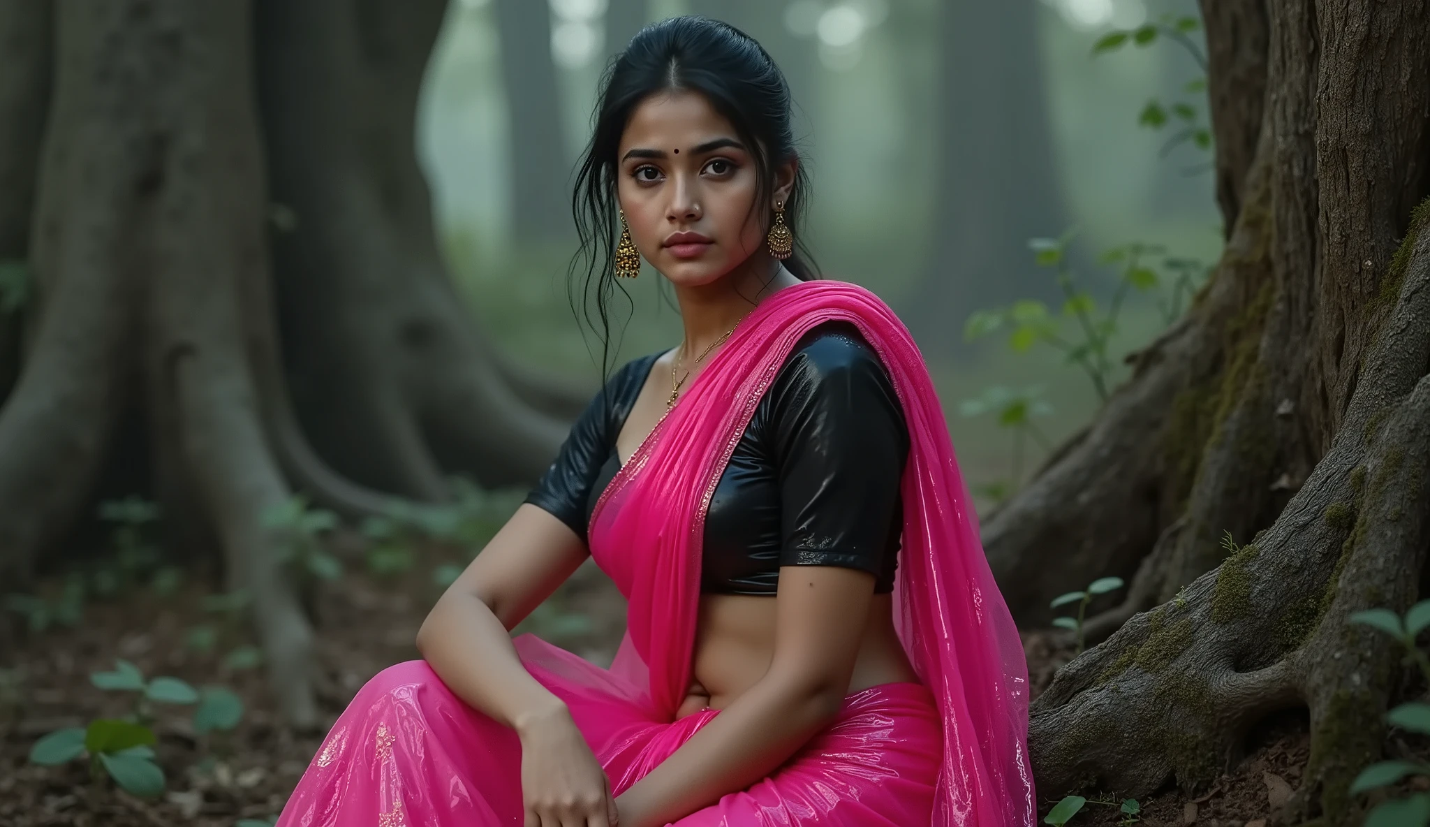 Full hd image of a indian 25 years old girl wearing pink shimmer saree black shimmer half sleeves torn blouse sitting in the scary forest