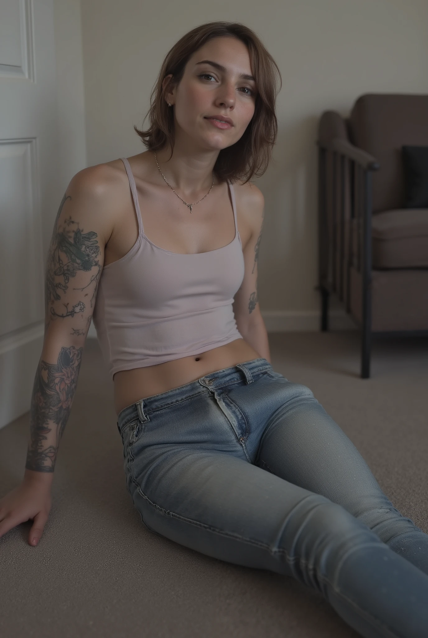 femboy in tight jeans sitting on floor in front of viewer, looking up to viewer with a submissive expression, wearing tank top, in a hotel room