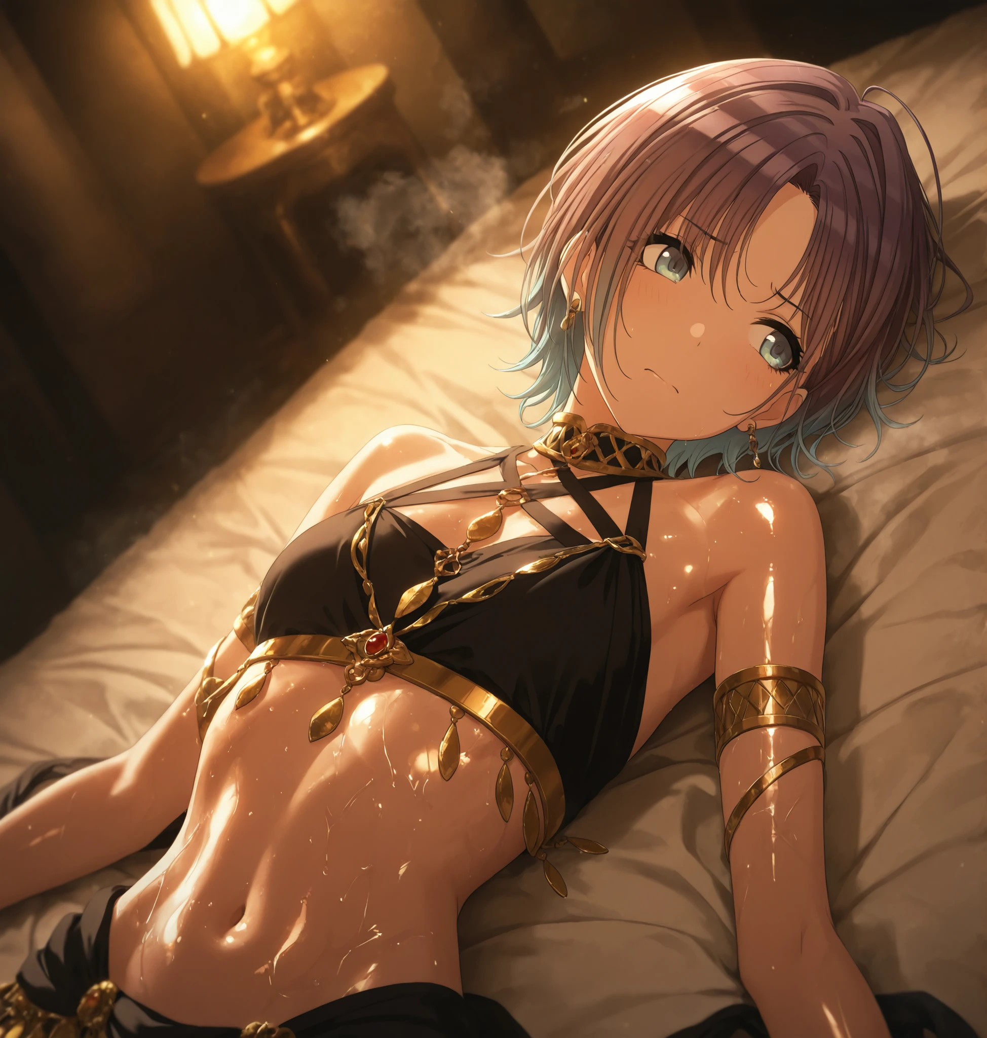 masterpiece,best quality, good quality, from above ,,indoors,((dark)),((cinematic light)) shanimas, source_anime,asakura toru, short hair, brown hair, blue hair, blue eyes, parted bangs, 1girl, solo, looking away, ahoge, earrings, (black dancer outfit), , ((frustrated)) , small , (slim arms), , from above, (on back, ), steam ,head tilt, light embarrassed, oiled skin, shiny skin, arms at side,