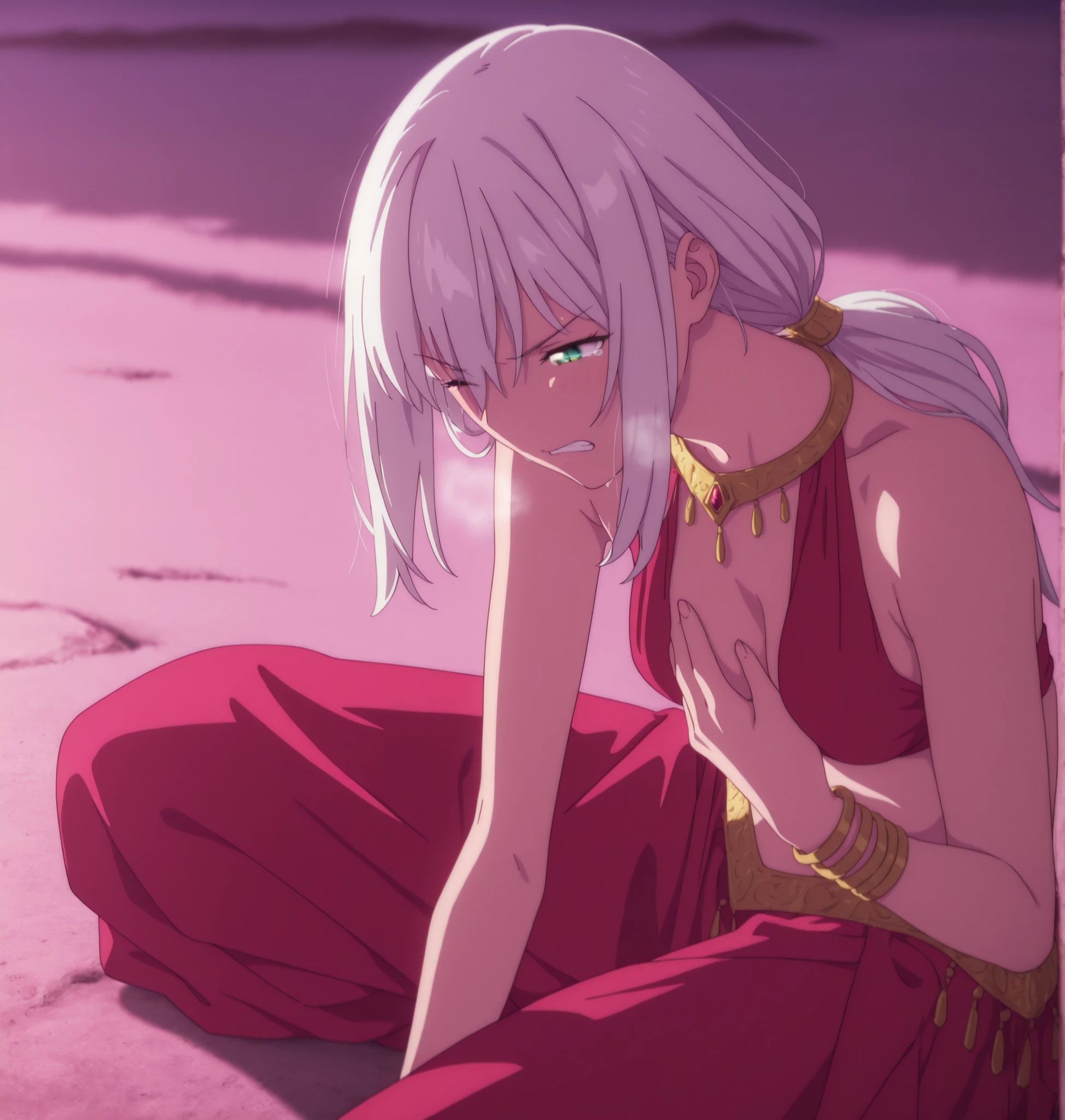 masterpiece, best quality, amazing quality, highres, absurdres, very aesthetic, high resolution,  ,ultra detailed, perfect details, from above, from side, 1girl, solo, outdoors,(detailed background:1.2),(()),((dawn, ))pink light, minami kano, long hair, low ponytail, white hair, long bangs, , green blue eyes, (detailed beautiful eyes), bracelet, (dancer outfit), ,(medium breasts), , (aged up:1.5),(seiza ,leaning forward), looking down, (anime coloring), , pose, , head tilt, slim body, slender body, slim arms, long legs, pale skin,(hand on breasts),, hand on ground, hip up, , angry, frown, heavy breath, wince , light embarrassed, tears, clenched teeth