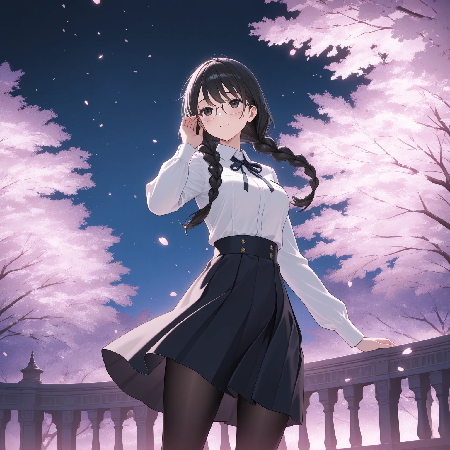 MASTERPIECE, best quality, high quality, extremely detailed, very delicate and beautiful, (1 female 18 years old solo: 1.2), (long black hair, two-side up to waist: 1.4), fringes to eyebrows, eyes. (eyes sharp, strong glossy glossy eyes, eyebrows glossy, (eye colour magenta: 1.3), 6.5 head tall, (shirt: 1.3), skirt, knee socks, lace, (melancholy expression), (hands folded), (dynamic pose), (background hydrangea garden: 1.3), (rain: 1.3).