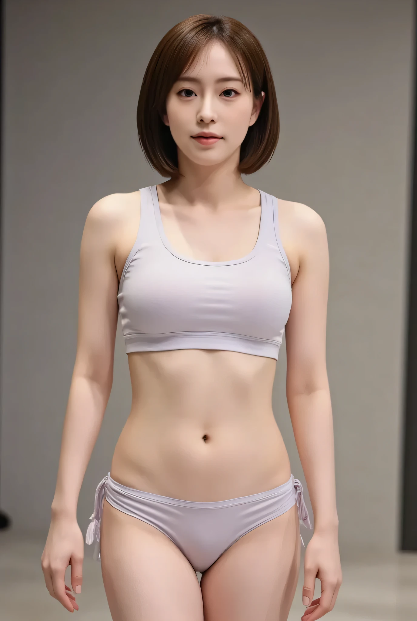 (hyperreality: 1.35), (Realistic: 1.4),Alone. (((without makeup))), masterpiece, 最High Quality, High Quality, Alone, muscular, slender body, breasts are separated, (最High Quality)),((very delicate and beautiful)), ((very delicate and beautiful)), (((Unbelievably Weird))),  slim figure visible to the navel, ((( slender body))), (((Thin Waist))), face like a salon model, cool face,  neutral facial features,(ecstasy:1.3) ,(small breasts),Inner Dress, focusing on women, {Particles of Light},  detailed background ,  soft sentence dripping on the floor , (standing), Mellow, very beautiful Mellow, live-action, Realistic, (blurry background), (((Wearing only a sports bra and sports panties)))