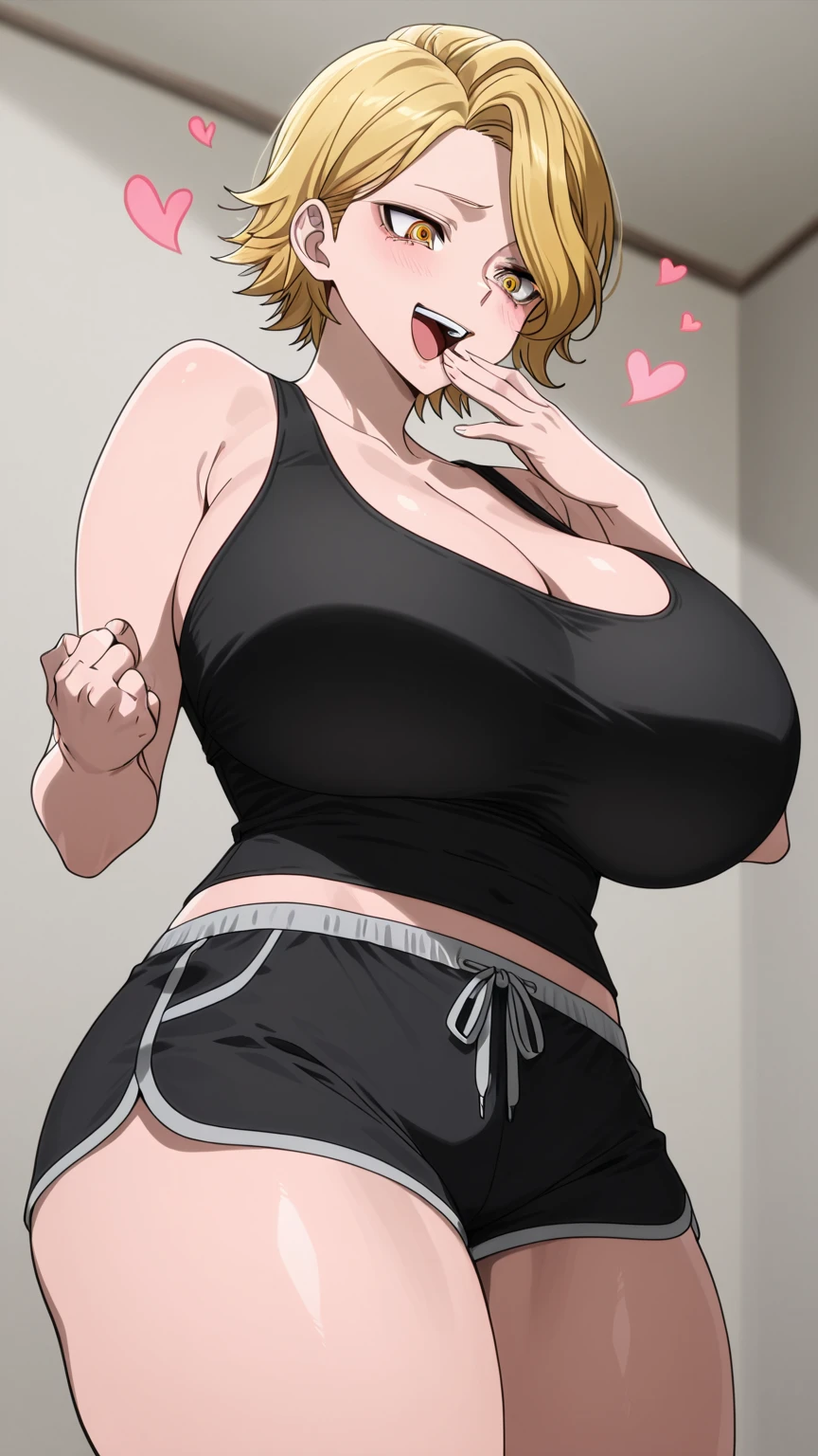 masterpiece:1.2, 1women, (50 years old), (best quality), (real picture, intricate details, depth of field), highly-detailed face, a sweet smile, beautiful nose, (beautiful bright dark steel color eyes), (????????????:1.5), (????:1.2), attractive waist, tall toned abdomen, beautiful navel, (extra short blonde hairs:1.2), ????, Disproportional , hanging ???????, ((the only thing she wears is a sweater)), ((Loose closed mid-thigh sweater)), ((wide knit sweater with a high necksleeves rolled up)), (sweater for ??????????), (hands up), (armpits), (??? on armpits), (??? spills on armpits)