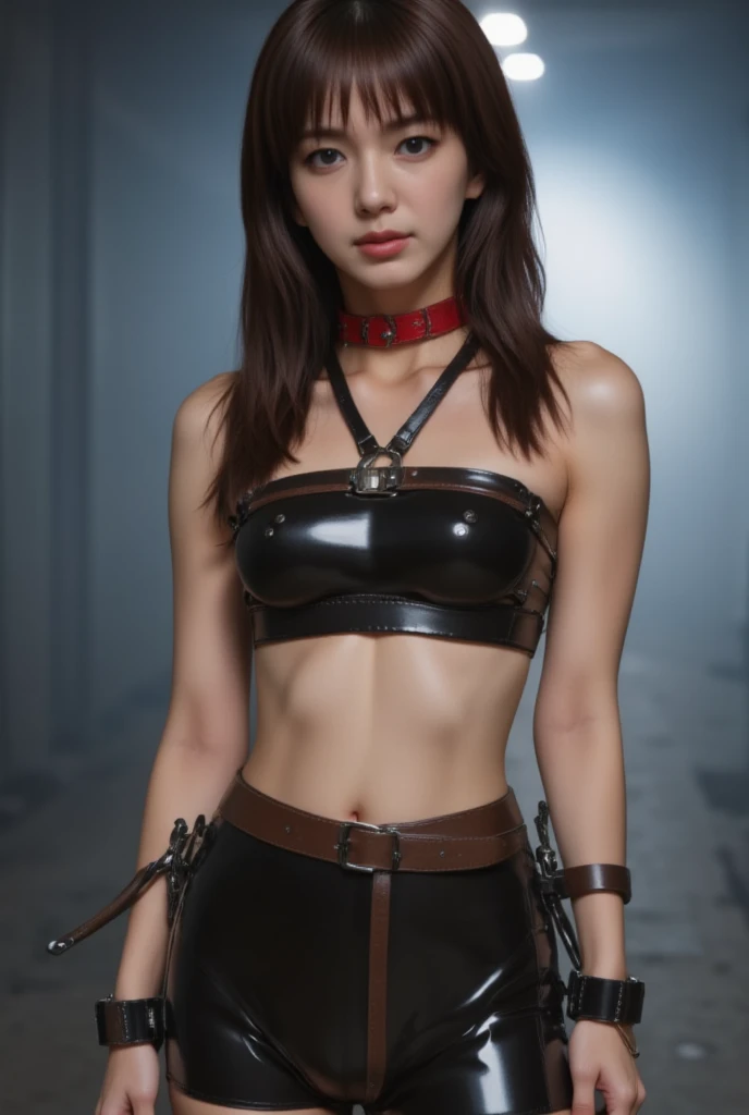 (((Draw only one woman: 2))), Beautiful Japan Girls, ((1screen)), in 8K, RAW shot, top quality photo, Masterpiece, Nice realistic photos, ((Anatomically correct proportions: 1.5)), ((perfectly proportions)), Cute girl like a Japan idol, Detailed face, Detailed eyes, Narrow Nose, Detailed hands and fingers, detailed arms, Detailed skin, Detailed legs, ((short torso:1.8)), Slender body, ( thin waist:1.2)、huge tit、(BDSM:1.5), slave, (Black navel-length corset), (shackle), gargantilha, Black leather bra、(Intricately shaped body harness:1.5)、(Thin Leather Harness)、(Thin spenders of complex shape:1.5)、((Dark Stone Prison:1.5))、(Shooting from the knee up:1.5)、Candlelight、(Skin glistening with sweat:1.3)、Stone wall、Stone floor、((Crucifixion:1.5))