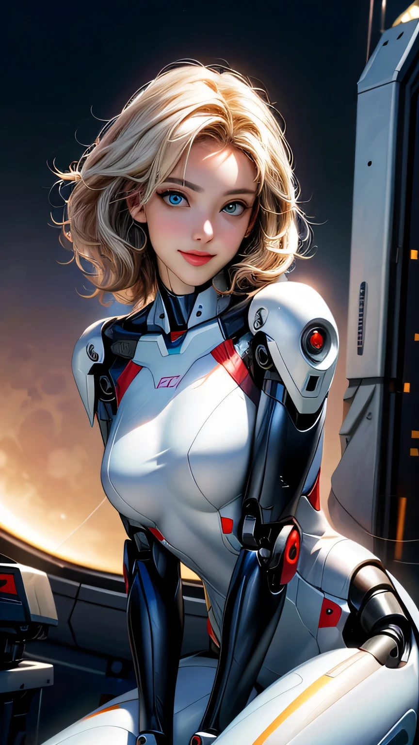 ((Highest quality)), ((masterpiece)), 8K quality, (detailed), High Resolution Skins:1.3, Realistic skin texture, full body, slim, smile, close mouth, Natural Makeup, fluffy short hair, Messy Hair, Asymmetrical bangs, Looking at Viewer, (Upper body from thighs up), sharp focus, Bust B cup, Slim figure, Beautiful eyes in every detail, realistic eye and face details, depth of field, View from the front, platinum blonde hair, green eyes, (A woman in a white robot suit poses in a spaceship with big windows), (the Moon is visible from the spaceship windows:1.2), Beautiful half-Caucasian cyborg girl, cute Cyborg Girl, Beautiful Cyborg Girl, Perfect Robot Girl, Cyborg Girl, Young cyborg woman, beautiful Female Robot, Beautiful robot woman, Cyborg Girl, Perfect cyborg woman, Porcelain Cyborg, Female Robot, Beautiful Cyborg Images, the mechanical parts are visible, wires and cables connecting shoulder, The robot suit has LED indicators and meters,