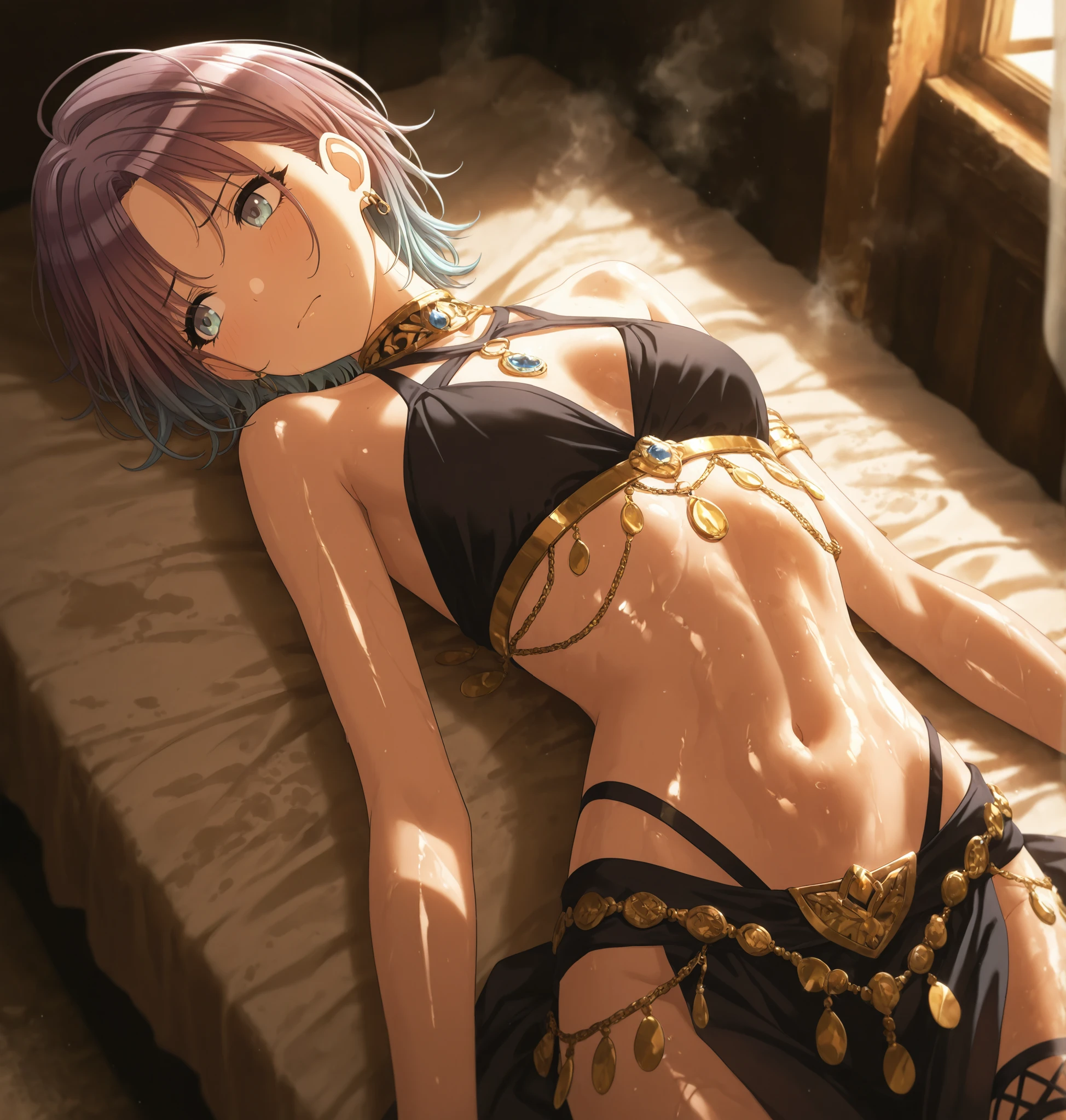                                                                                                                                                                                               masterpiece,best quality, good quality, from above ,,indoors,((dark)),((cinematic light)) shanimas,  source_anime,asakura toru, short hair, brown hair, blue hair, blue eyes, parted bangs, 1girl, solo, looking away, ahoge, earrings, (black dancer outfit), , ((frustrated)) , small , (slim arms), , from above, (on back, ), steam ,head tilt, light embarrassed, oiled skin, shiny skin, arms at side,                                                                                                                                                                                                                                              