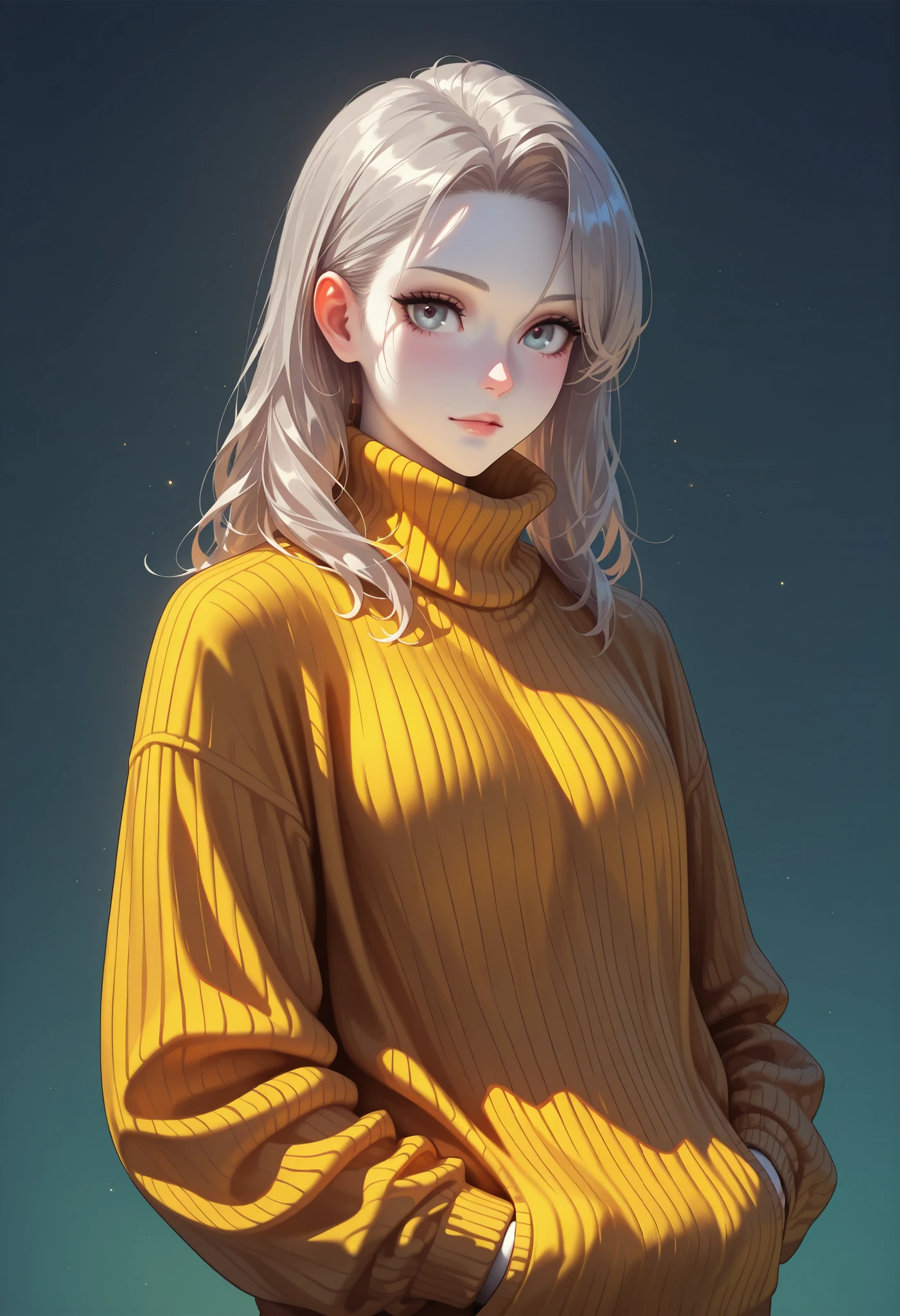 Boy, silver hair, gray eyes, calm features, white skin, handsome, perfect, masterpiece, wearing a sweater, bright colors, high quality resolution .